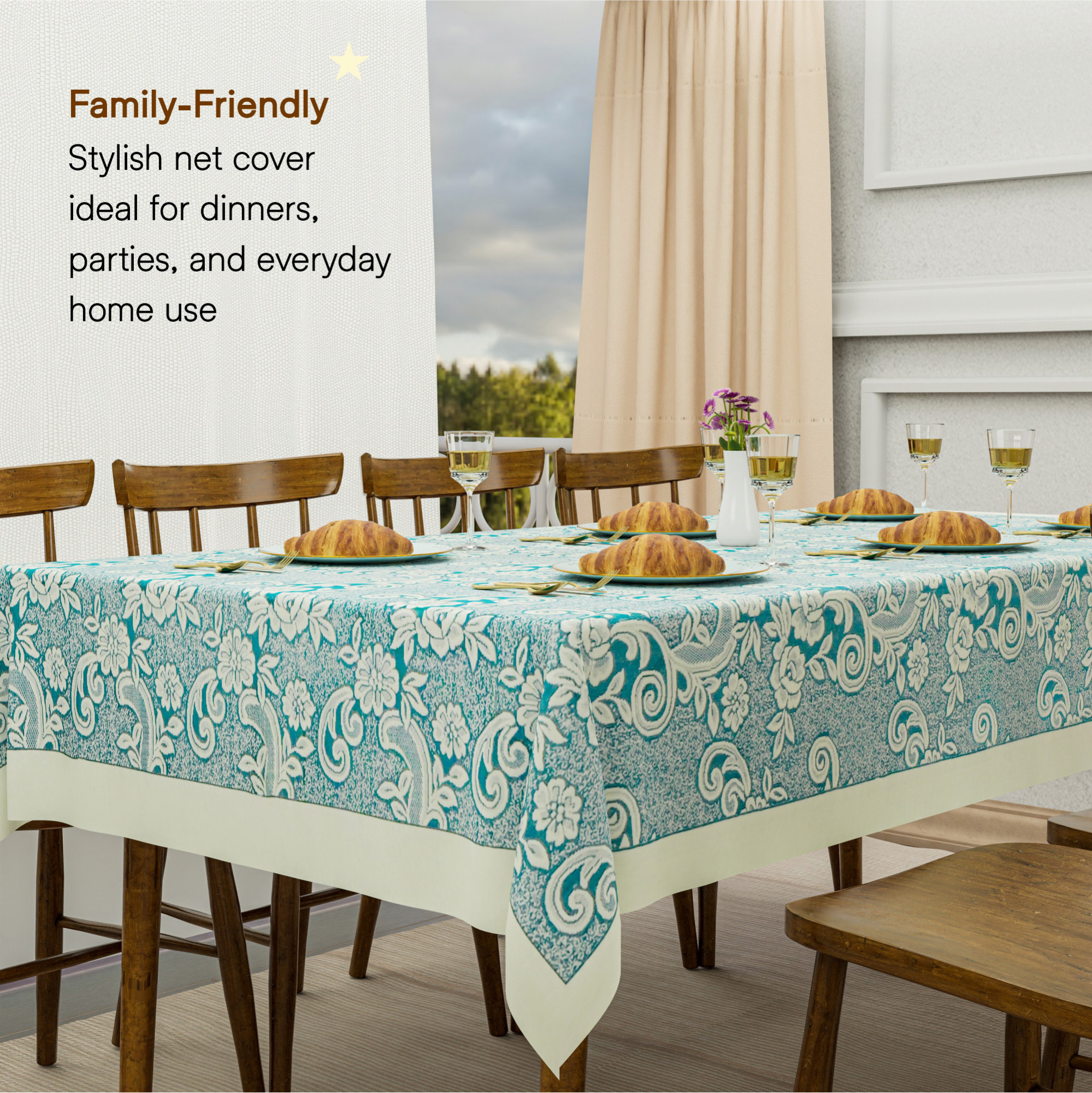 Kuber Industries 60x90 Inch Net Cotton Dining Table Cover Cloth 6 Seater  Dinner Table Protector Cover for Living Room and Home Decor  Aqua Rose 1893 Bright - Cream