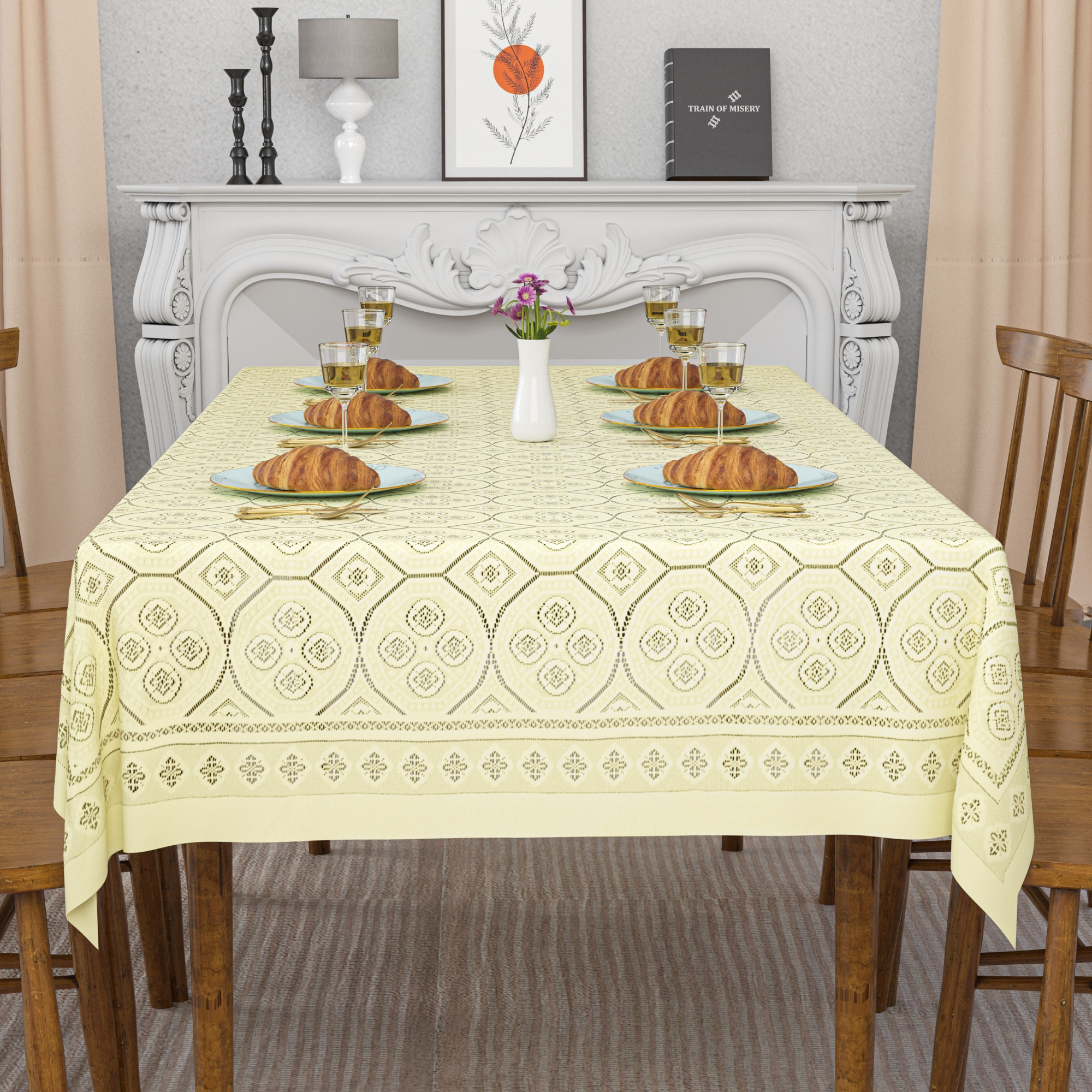 Kuber Industries 60x90 Inch Net Cotton Dining Table Cover Cloth 6 Seater for Living Room and Home Decor  Washable Rectangular Table Cloth for Dining Area and Kitchen  Galaxy 4 Way Design - Cream