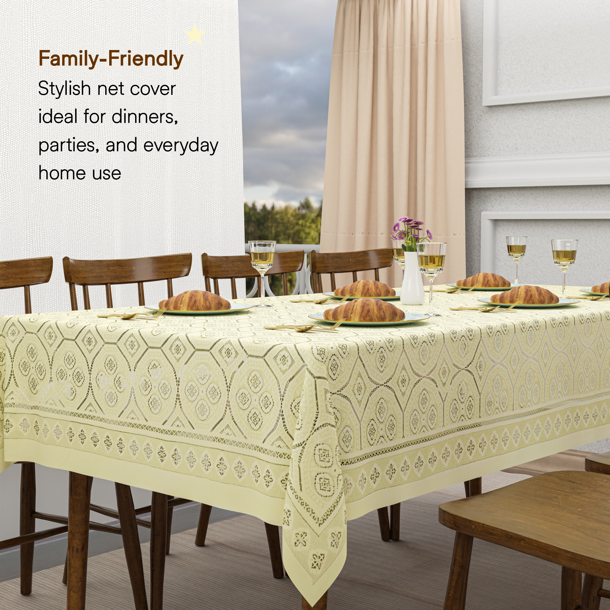 Kuber Industries 60x90 Inch Net Cotton Dining Table Cover Cloth 6 Seater for Living Room and Home Decor  Washable Rectangular Table Cloth for Dining Area and Kitchen  Galaxy 4 Way Design - Cream