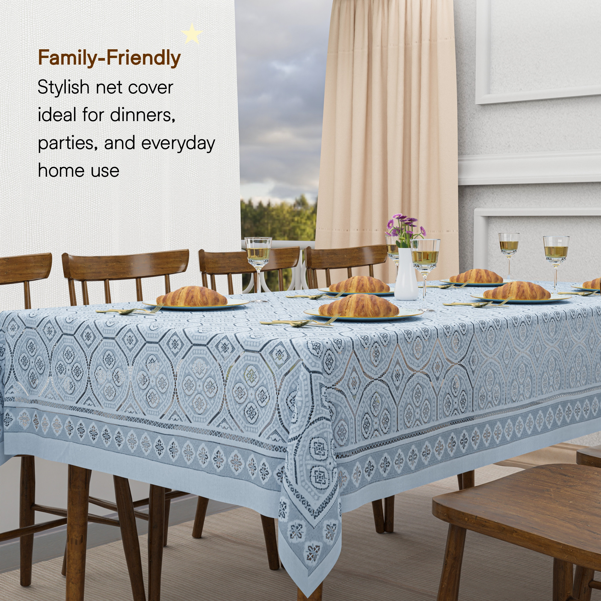 Kuber Industries 60x90 Inch Net Cotton Dining Table Cover Cloth 6 Seater for Living Room and Home Decor  Washable Rectangular Table Cloth for Dining Area and Kitchen  Galaxy 4 Way Design - Grey