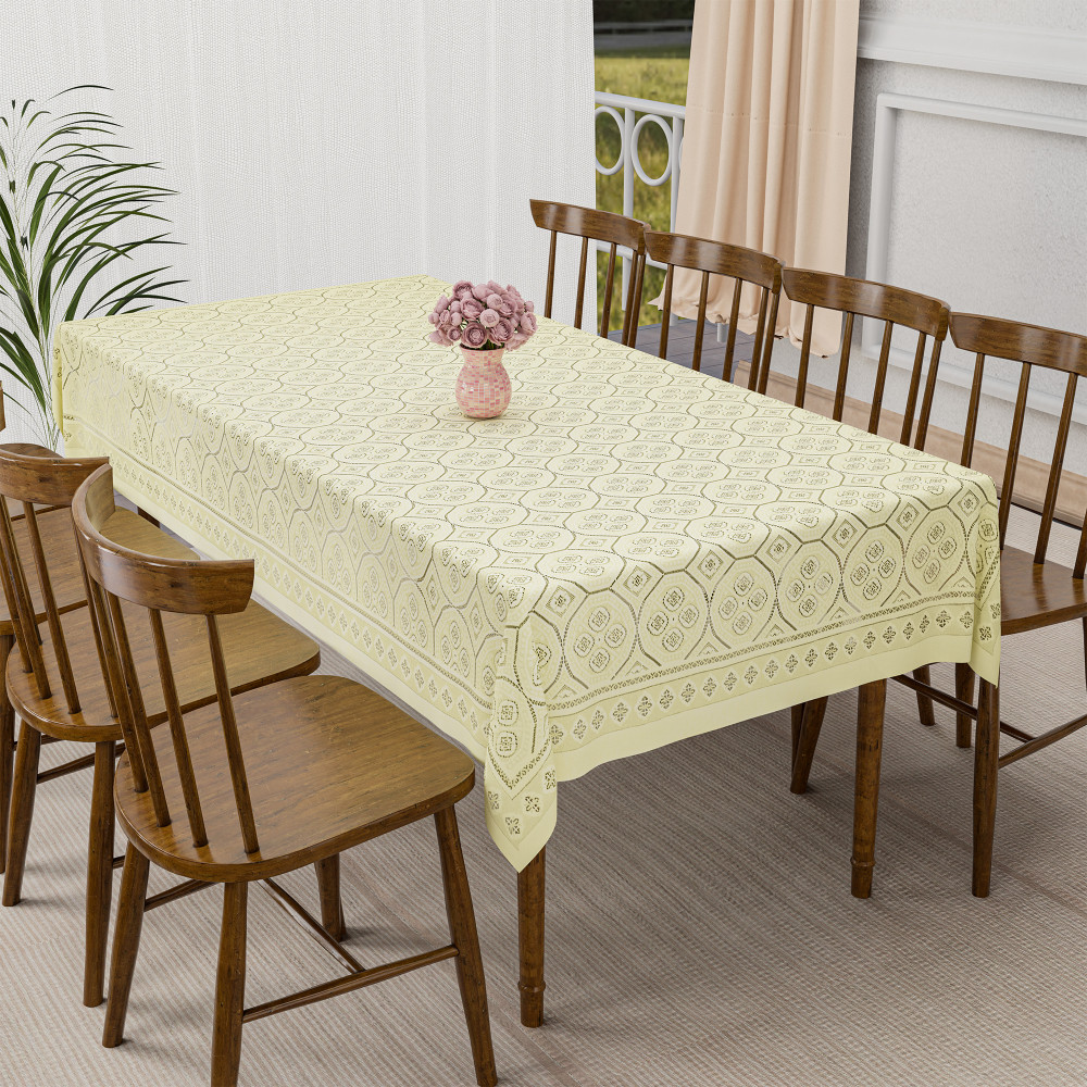 Image of Kuber Industries 60x90 Inch Net Cotton Dining Table Cover Cloth 6 Seater for Living Room and Home Decor | Washable Rectangular Table Cloth for Dining Area and Kitchen | Galaxy 4 Way Design - Cream
