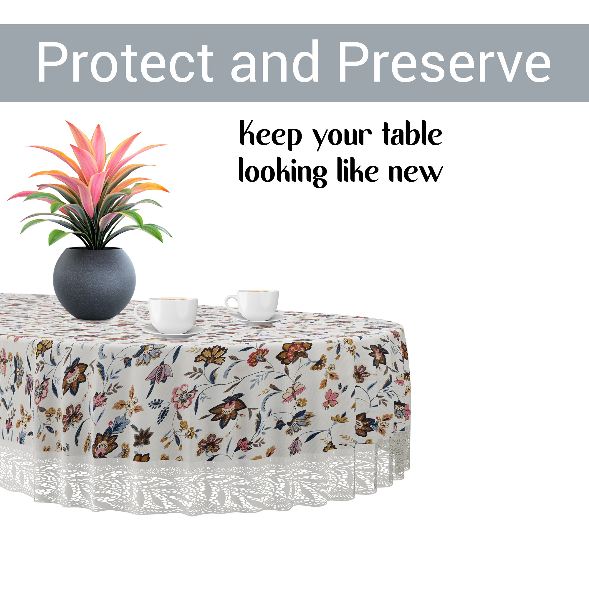Kuber Industries 60x90 Inch Oval Waterproof PVC Table Cover  Heat-Resistant  Scratch-Proof Dining Table Protector for 6-Seater  Tablecloth for Home Office Restaurant  Barik Flower - Cream
