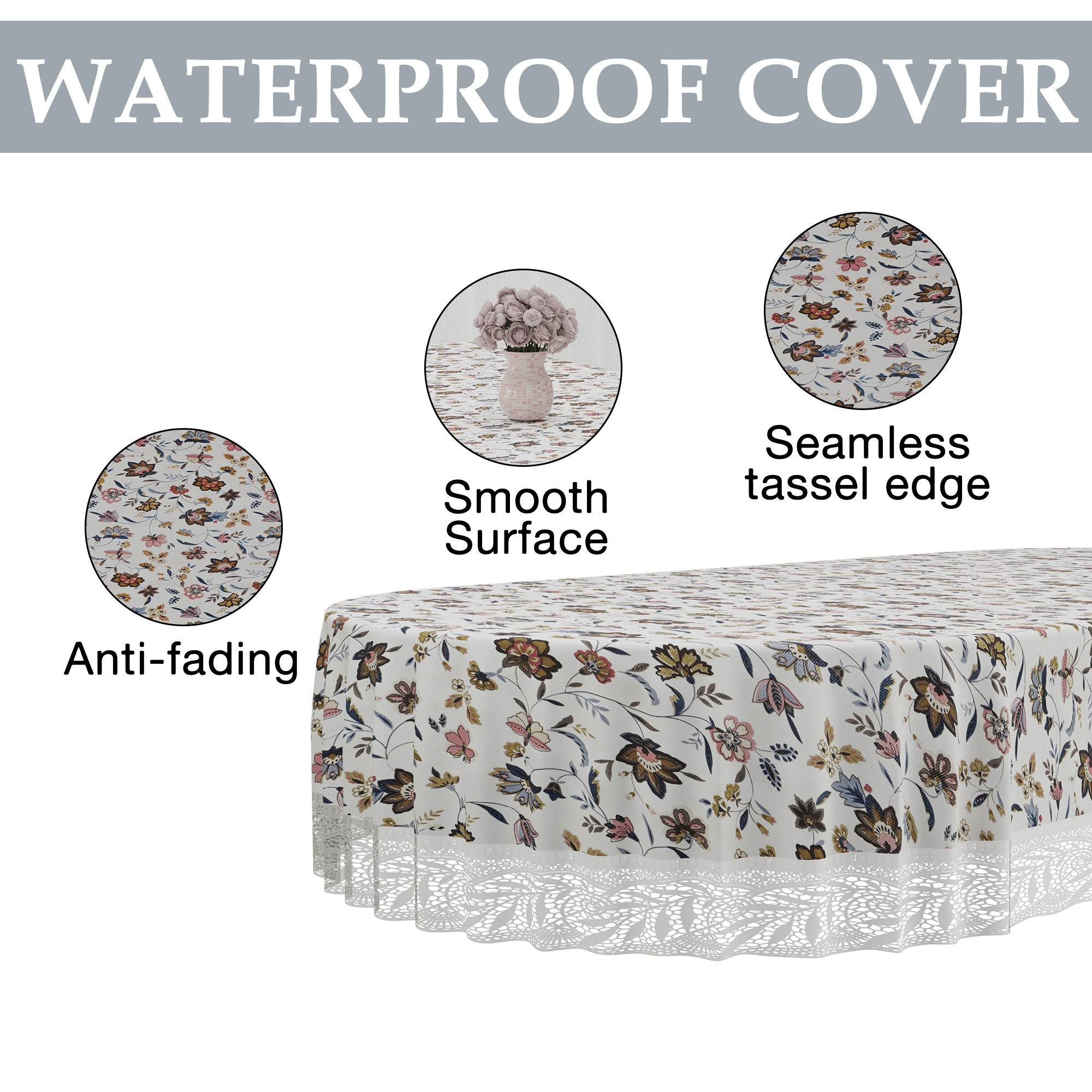 Kuber Industries 60x90 Inch Oval Waterproof PVC Table Cover  Heat-Resistant  Scratch-Proof Dining Table Protector for 6-Seater  Tablecloth for Home Office Restaurant  Barik Flower - Cream