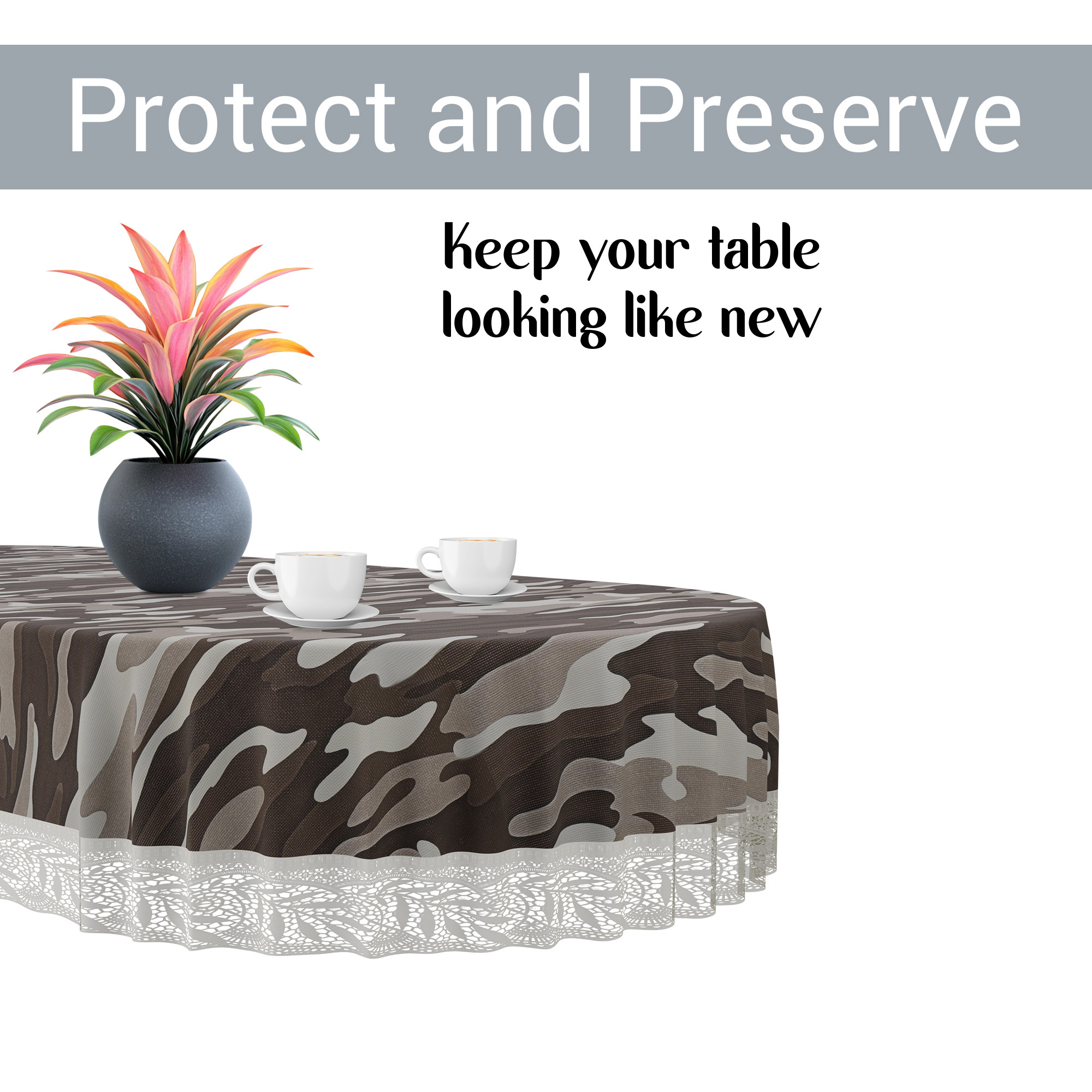 Kuber Industries 60x90 Inch Oval Waterproof PVC Table Cover  Heat-Resistant  Scratch-Proof Dining Table Protector for 6-Seater  Tablecloth for Home Office Restaurant  Camouflage - Brown