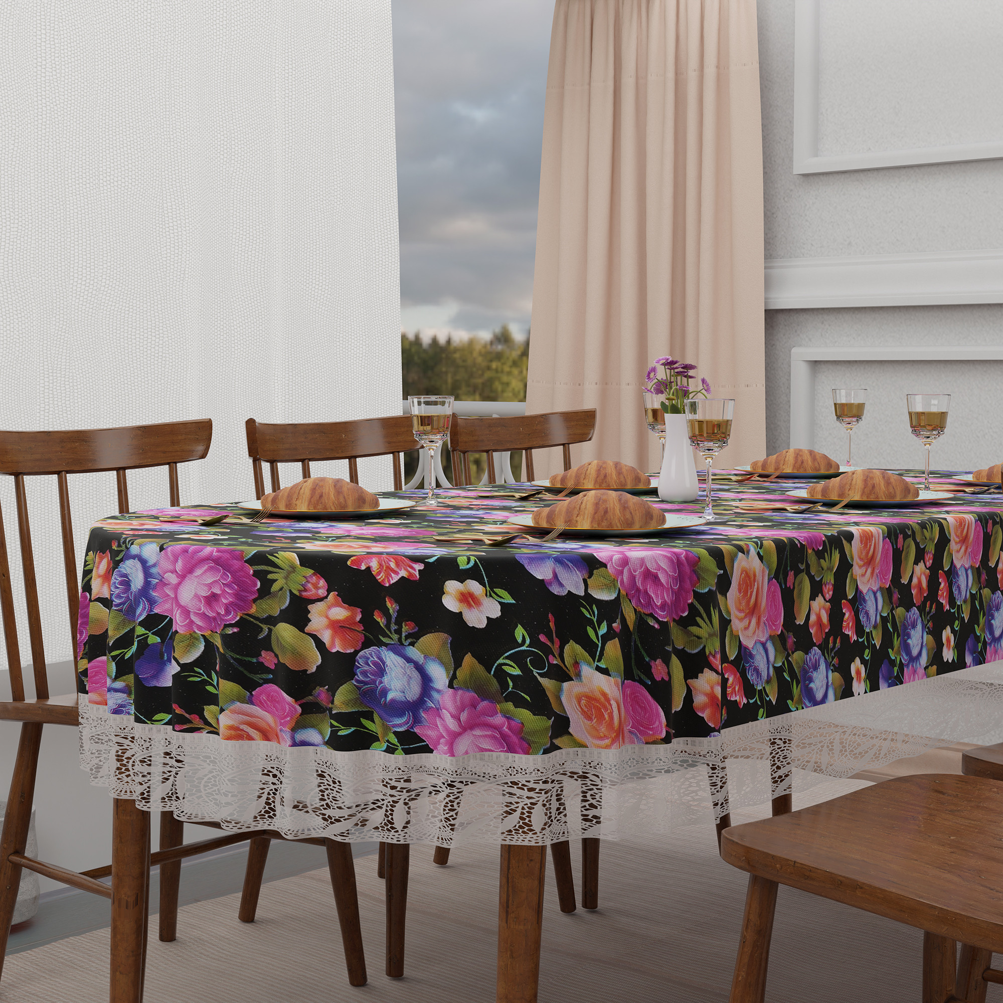 Kuber Industries 60x90 Inch Oval Waterproof PVC Table Cover  Heat-Resistant  Scratch-Proof Dining Table Protector for 6-Seater  Tablecloth for Home Office Restaurant  Mix Rose - Black