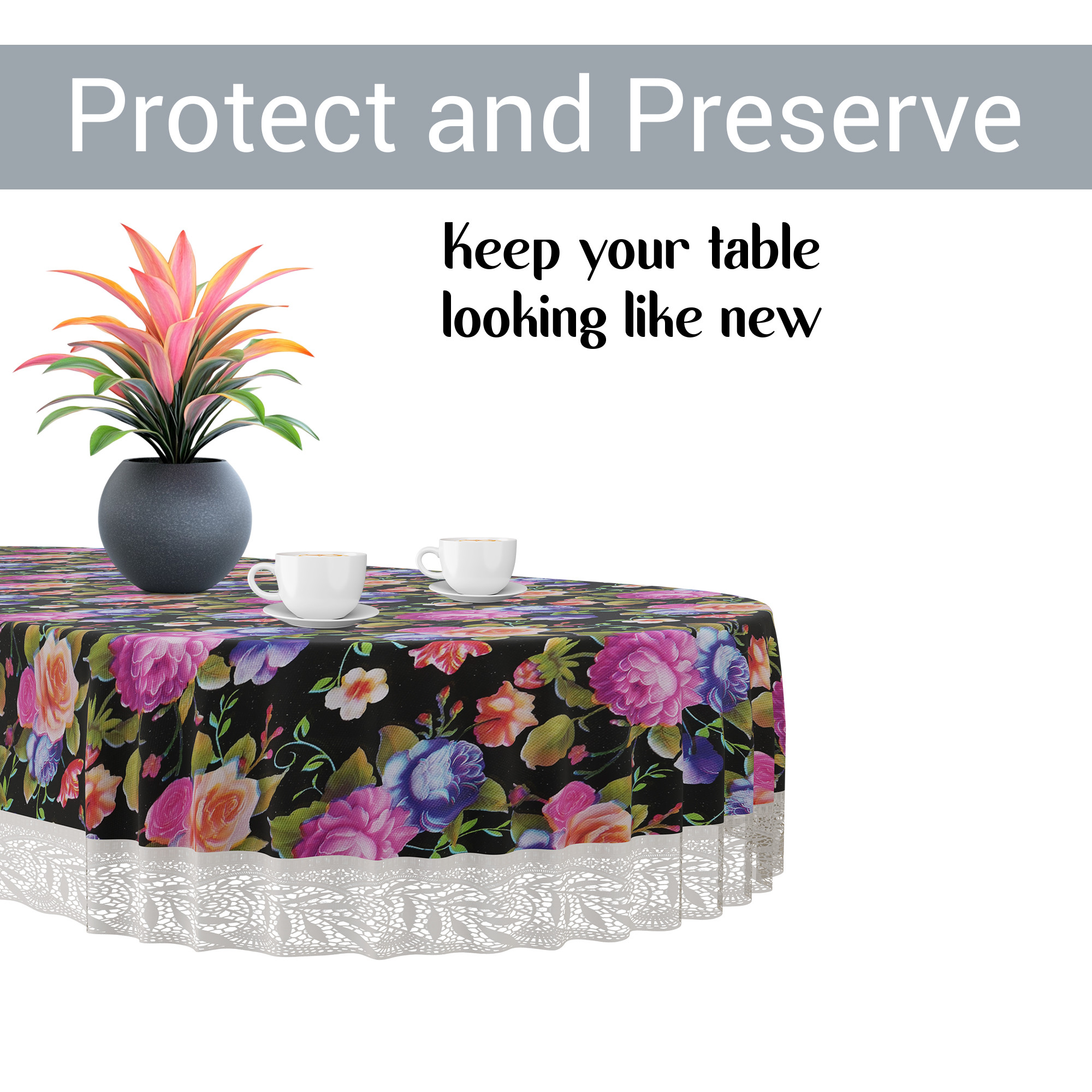 Kuber Industries 60x90 Inch Oval Waterproof PVC Table Cover  Heat-Resistant  Scratch-Proof Dining Table Protector for 6-Seater  Tablecloth for Home Office Restaurant  Mix Rose - Black