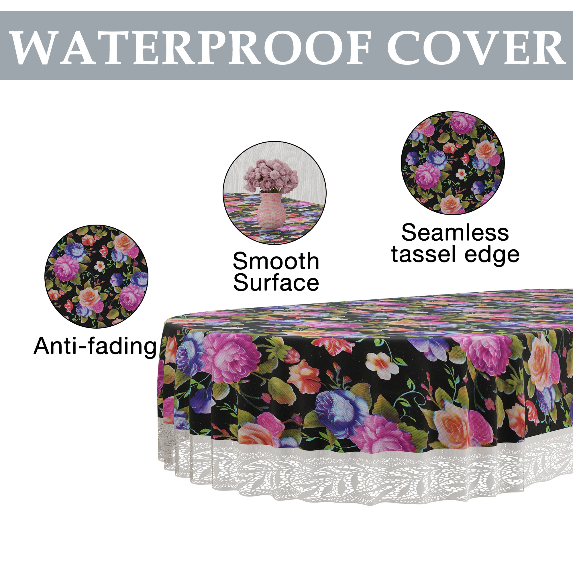 Kuber Industries 60x90 Inch Oval Waterproof PVC Table Cover  Heat-Resistant  Scratch-Proof Dining Table Protector for 6-Seater  Tablecloth for Home Office Restaurant  Mix Rose - Black