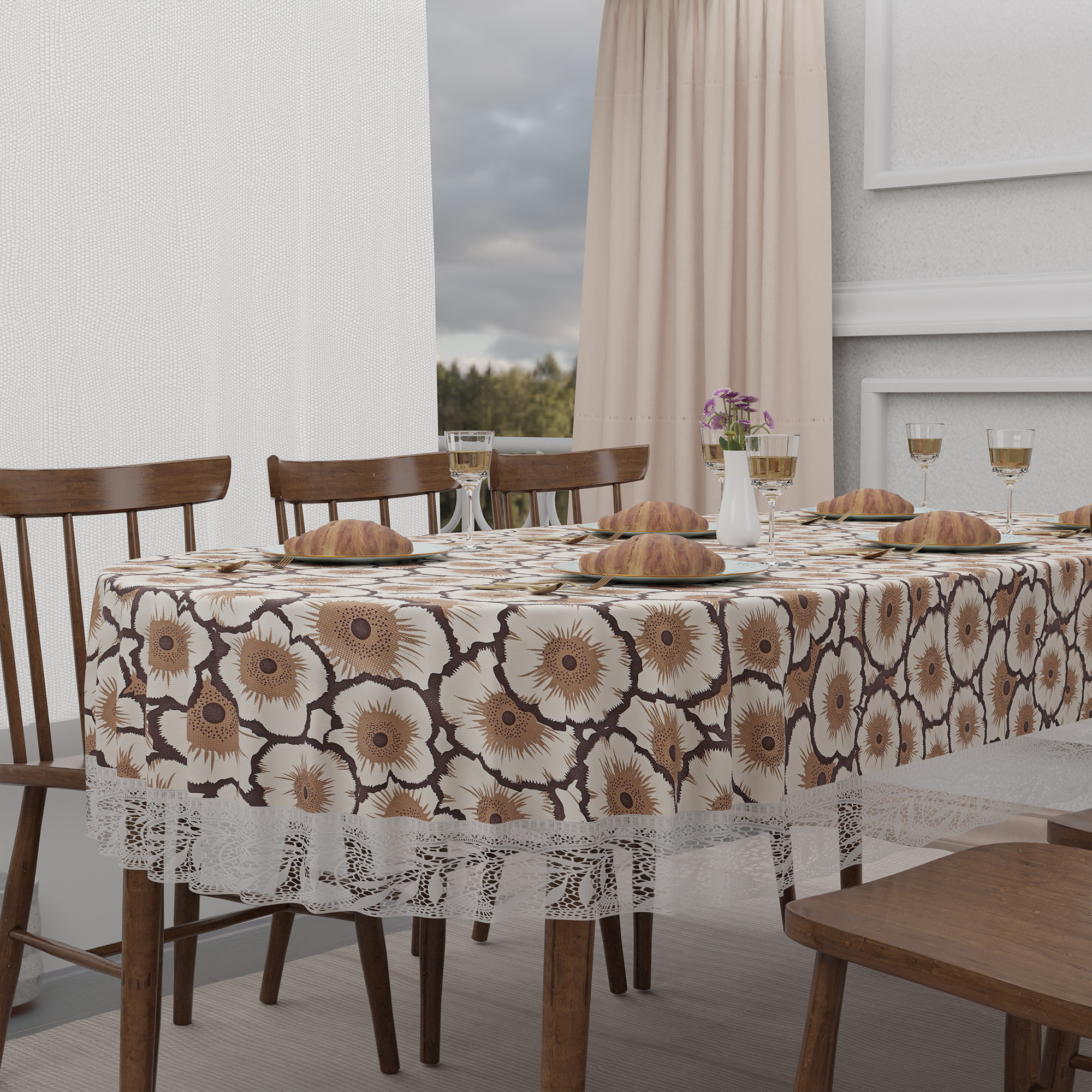 Kuber Industries 60x90 Inch Oval Waterproof PVC Table Cover  Heat-Resistant  Scratch-Proof Dining Table Protector for 6-Seater  Tablecloth for Home Office Restaurant  Flower - Cream  Brown