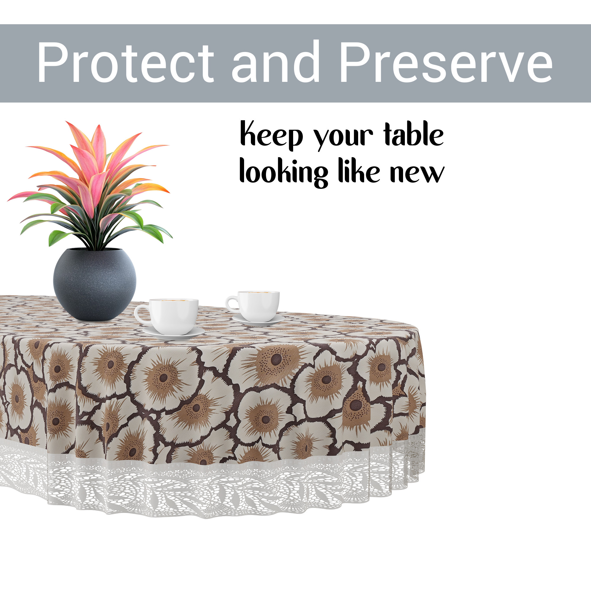 Kuber Industries 60x90 Inch Oval Waterproof PVC Table Cover  Heat-Resistant  Scratch-Proof Dining Table Protector for 6-Seater  Tablecloth for Home Office Restaurant  Flower - Cream  Brown