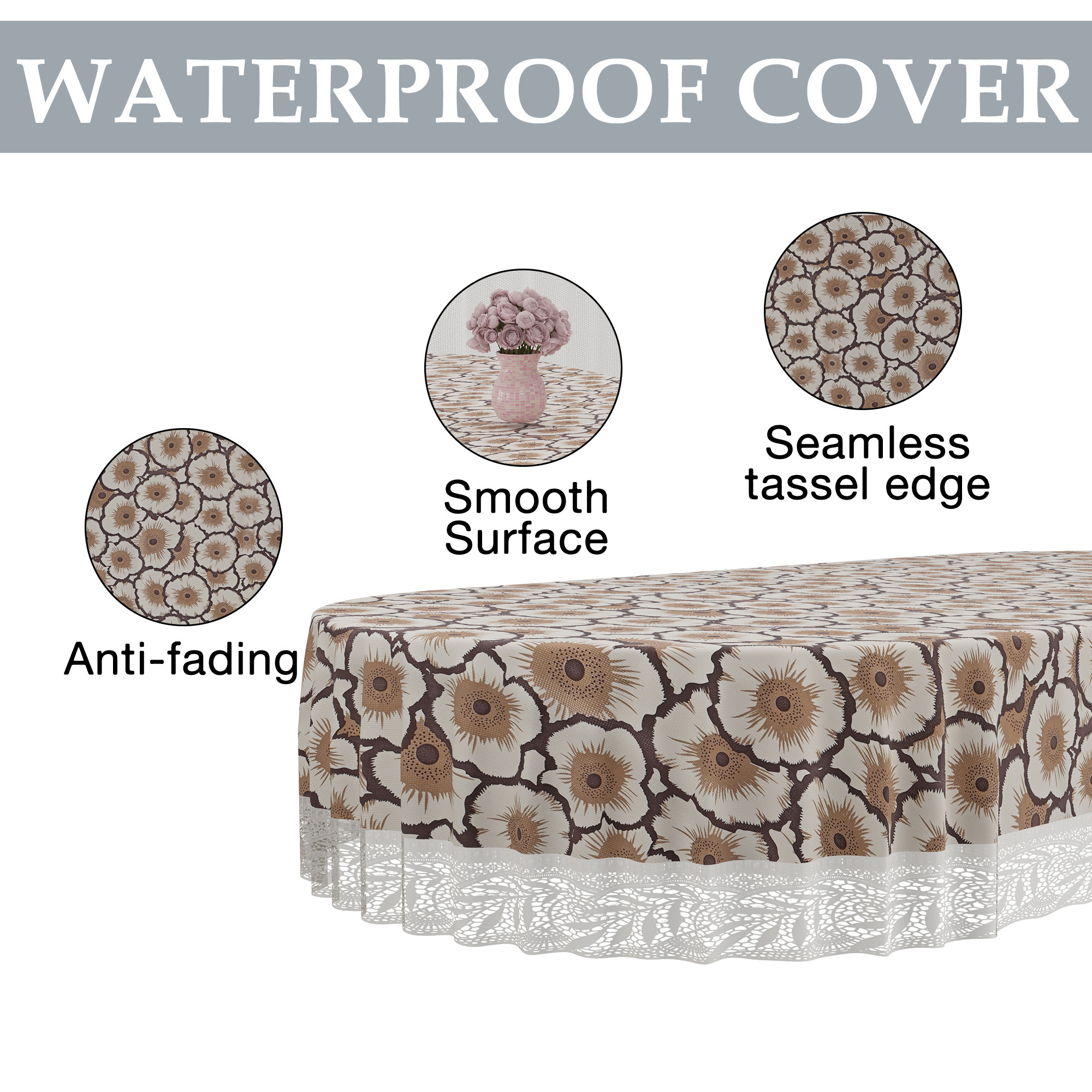 Kuber Industries 60x90 Inch Oval Waterproof PVC Table Cover  Heat-Resistant  Scratch-Proof Dining Table Protector for 6-Seater  Tablecloth for Home Office Restaurant  Flower - Cream  Brown
