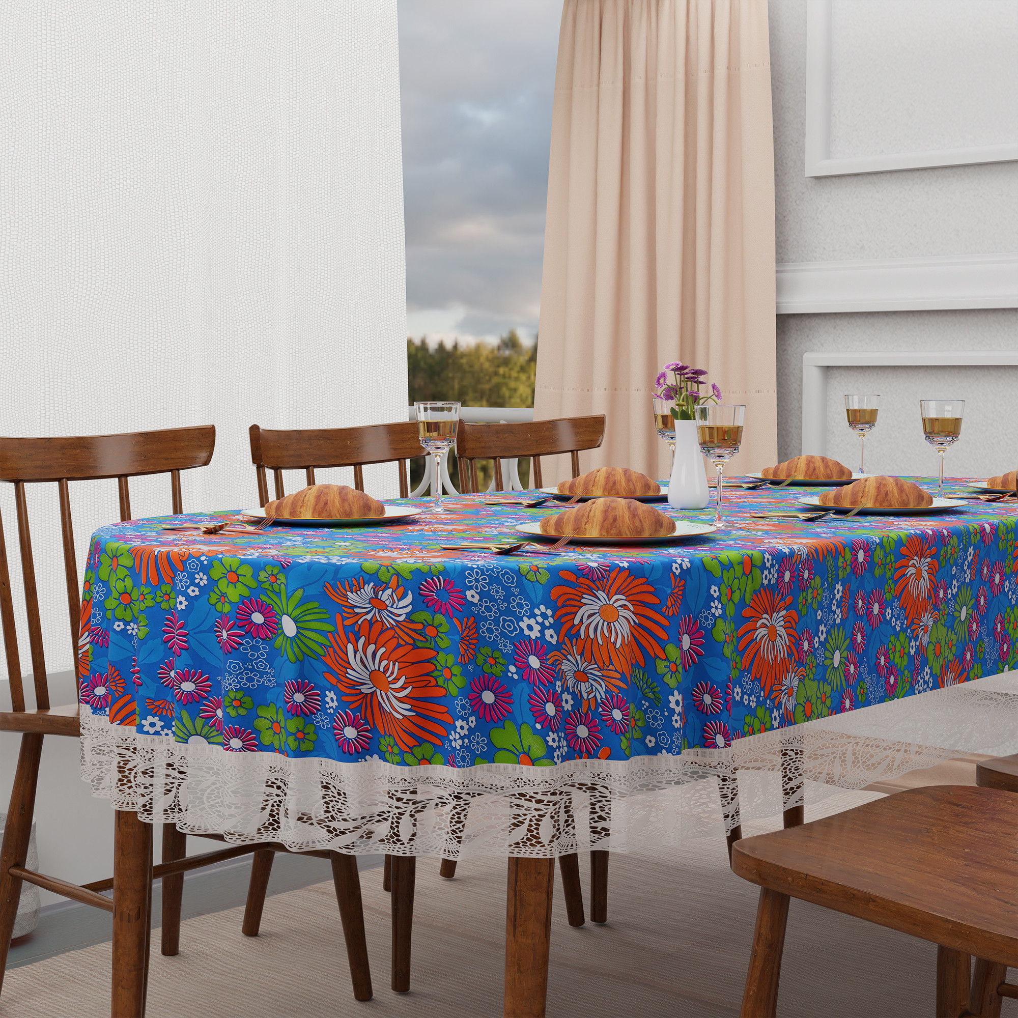Kuber Industries 60x90 Inch Oval Waterproof PVC Table Cover  Heat-Resistant  Scratch-Proof Dining Table Protector for 6-Seater  Tablecloth for Home Office Restaurant  Multi Flower - Blue