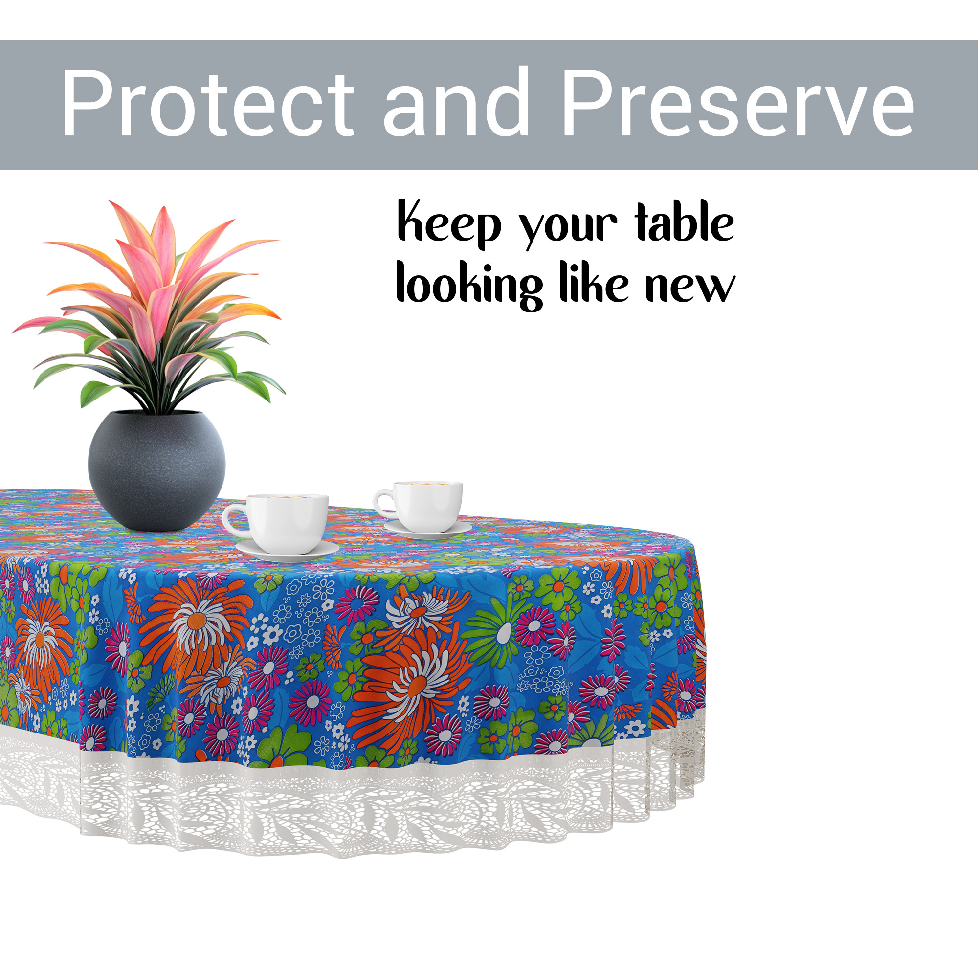 Kuber Industries 60x90 Inch Oval Waterproof PVC Table Cover  Heat-Resistant  Scratch-Proof Dining Table Protector for 6-Seater  Tablecloth for Home Office Restaurant  Multi Flower - Blue