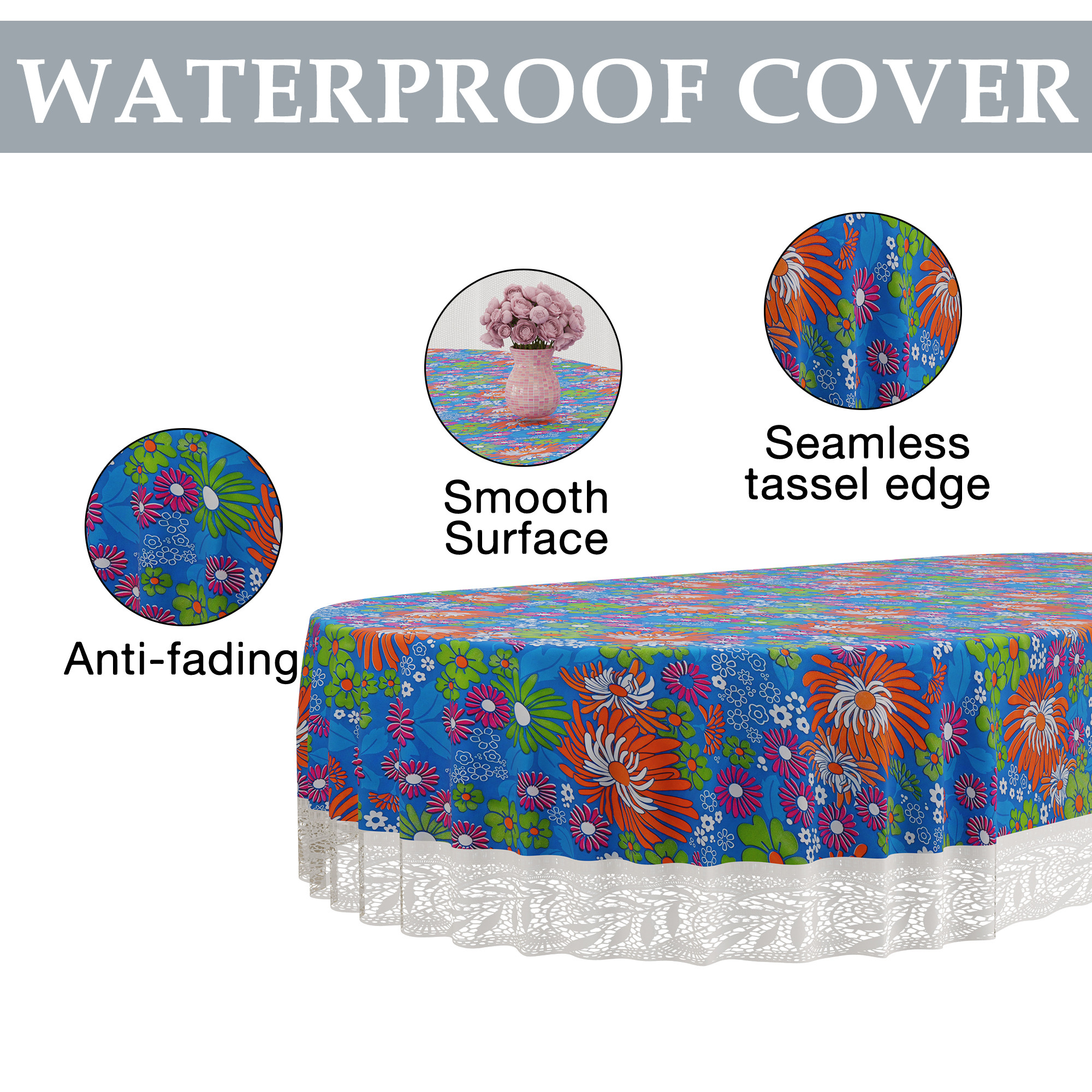Kuber Industries 60x90 Inch Oval Waterproof PVC Table Cover  Heat-Resistant  Scratch-Proof Dining Table Protector for 6-Seater  Tablecloth for Home Office Restaurant  Multi Flower - Blue
