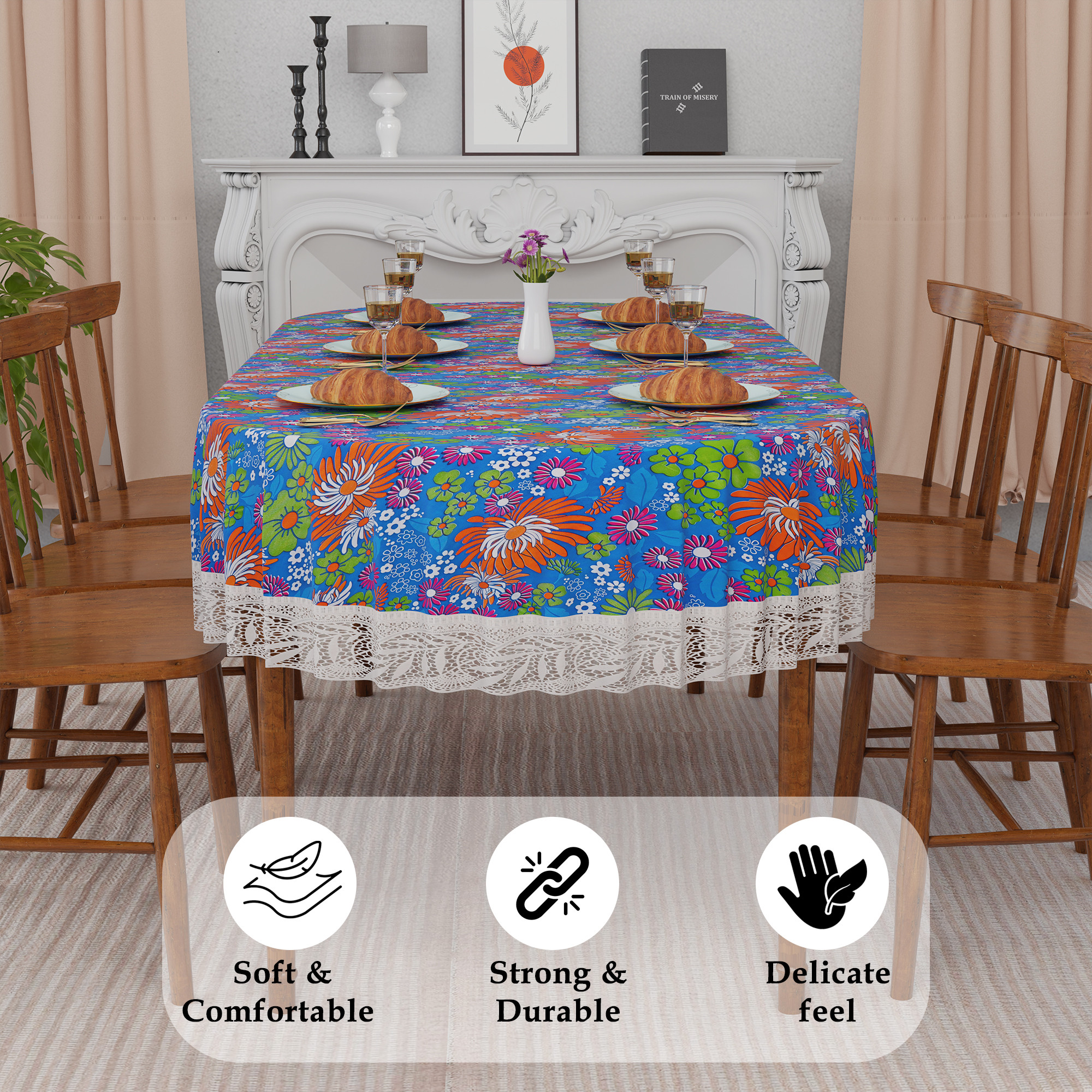 Kuber Industries 60x90 Inch Oval Waterproof PVC Table Cover  Heat-Resistant  Scratch-Proof Dining Table Protector for 6-Seater  Tablecloth for Home Office Restaurant  Multi Flower - Blue