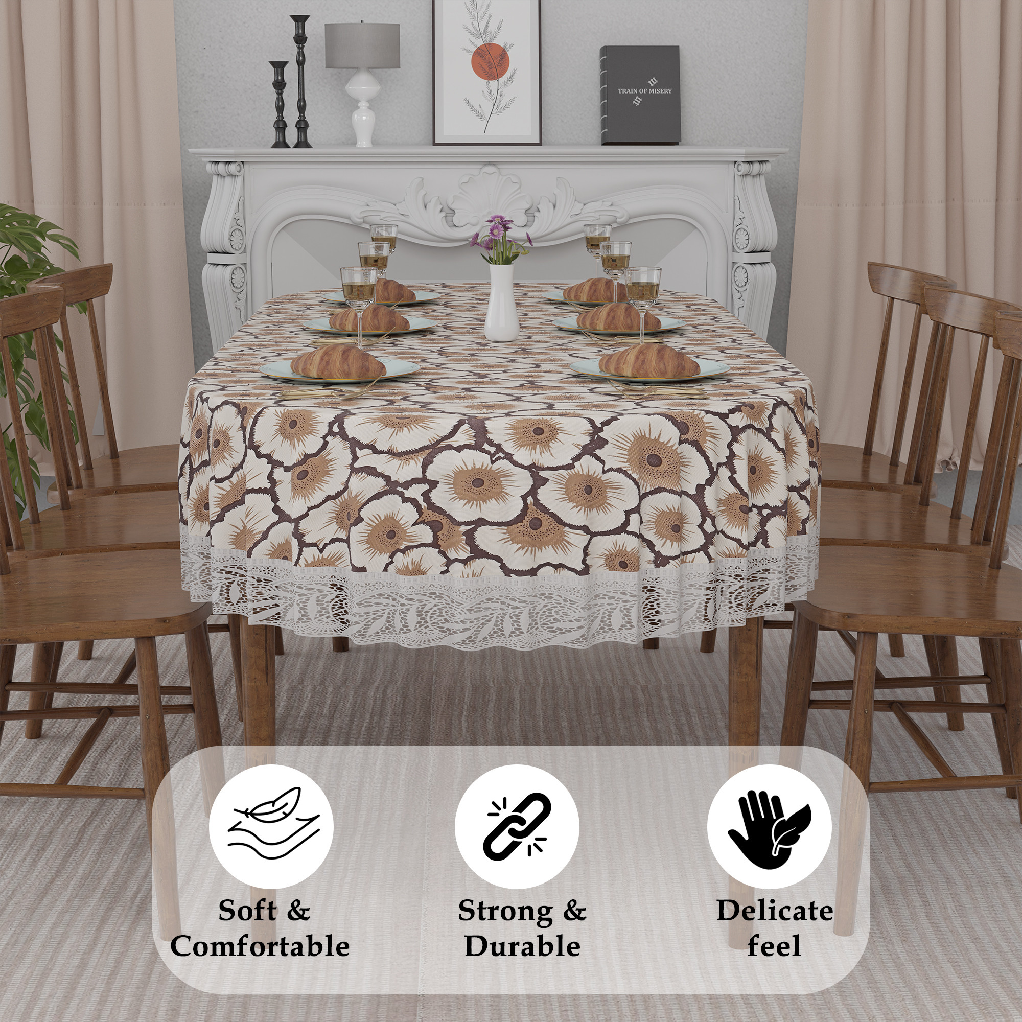 Kuber Industries 60x90 Inch Oval Waterproof PVC Table Cover  Heat-Resistant  Scratch-Proof Dining Table Protector for 6-Seater  Tablecloth for Home Office Restaurant  Flower - Cream  Brown