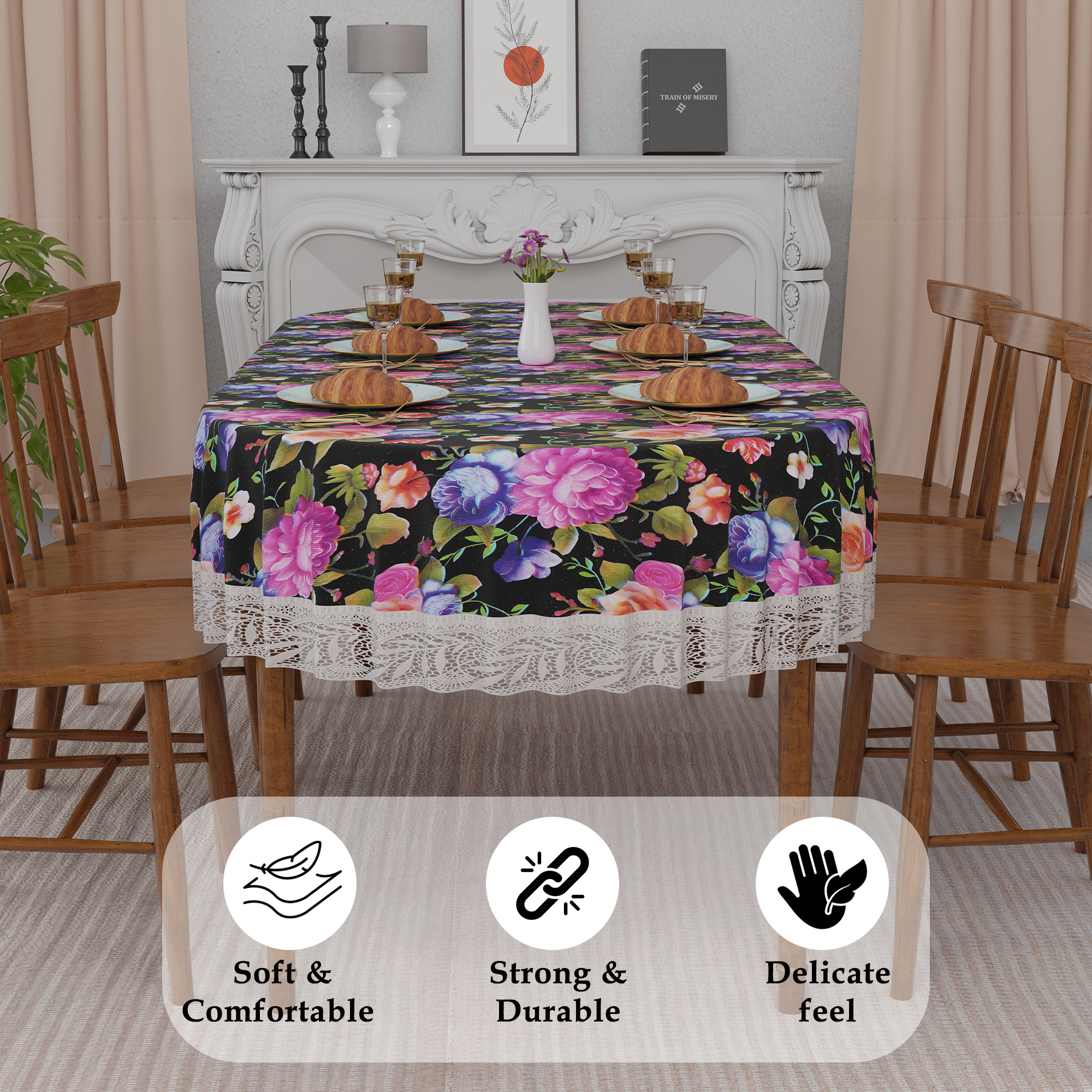 Kuber Industries 60x90 Inch Oval Waterproof PVC Table Cover  Heat-Resistant  Scratch-Proof Dining Table Protector for 6-Seater  Tablecloth for Home Office Restaurant  Mix Rose - Black