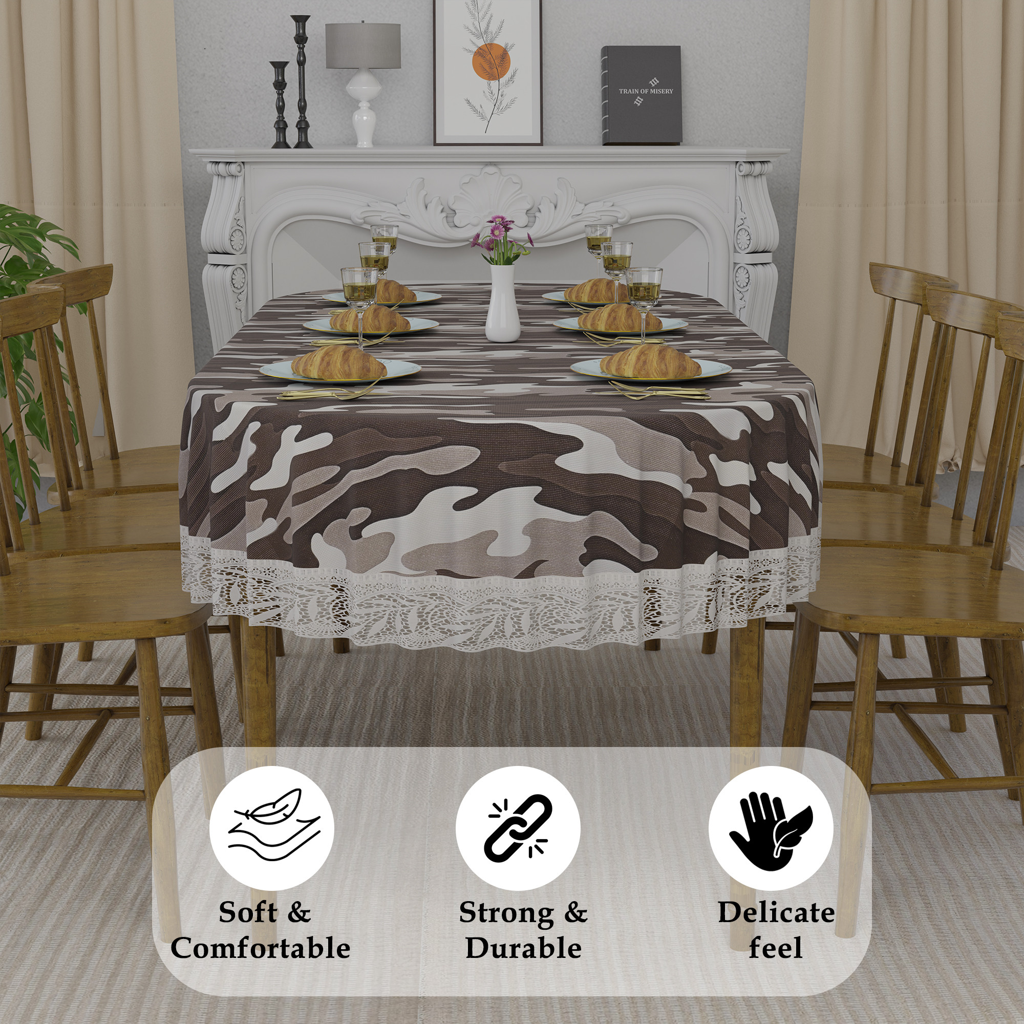 Kuber Industries 60x90 Inch Oval Waterproof PVC Table Cover  Heat-Resistant  Scratch-Proof Dining Table Protector for 6-Seater  Tablecloth for Home Office Restaurant  Camouflage - Brown