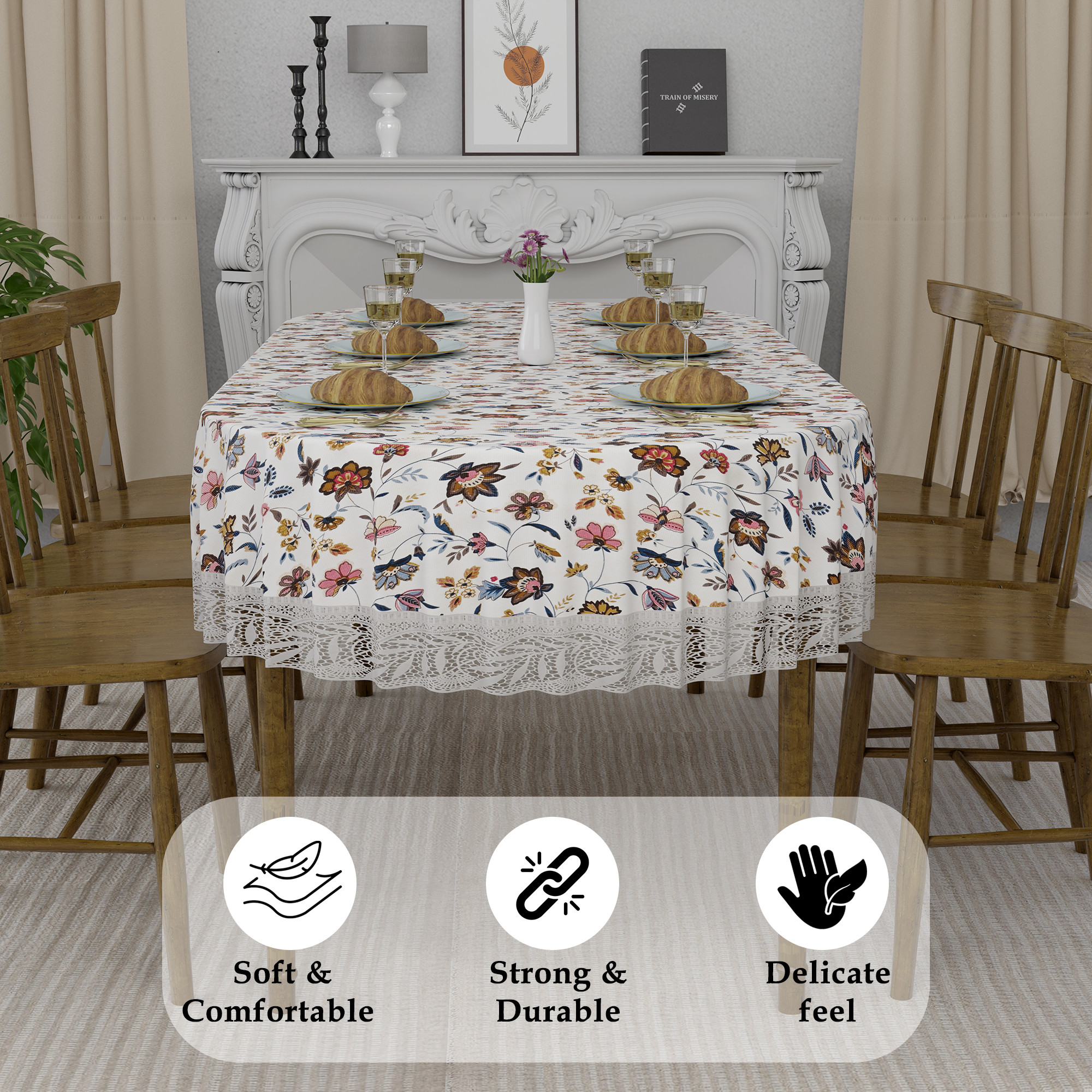 Kuber Industries 60x90 Inch Oval Waterproof PVC Table Cover  Heat-Resistant  Scratch-Proof Dining Table Protector for 6-Seater  Tablecloth for Home Office Restaurant  Barik Flower - Cream
