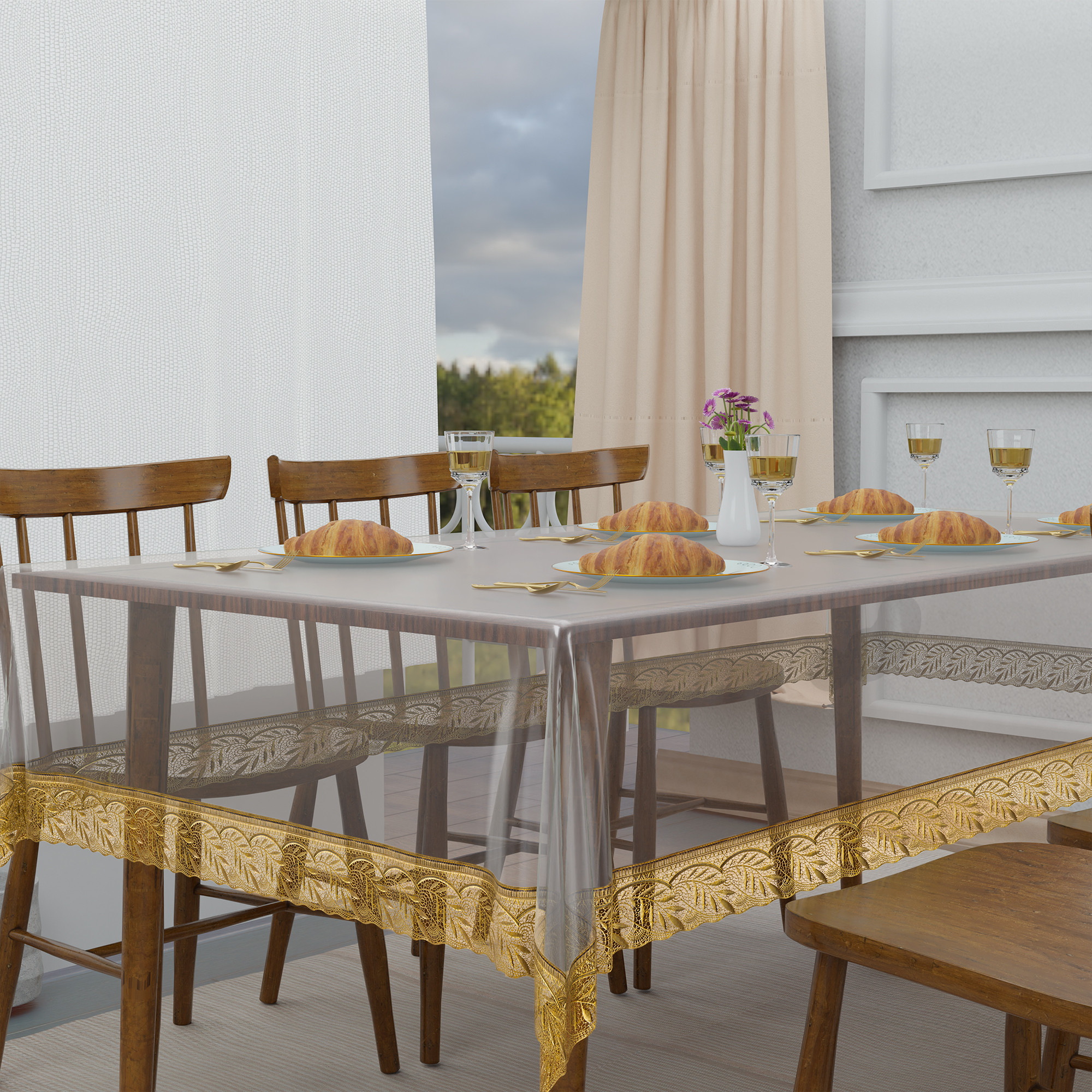 Kuber Industries 60x90 Inch PVC Dining Table Cover 6 Seater Waterproof  Spill-Resistant Table Cover Cloth  Table Protector for Dining Room Kitchen  Outdoor  Golden Lace Champagne- Transparent