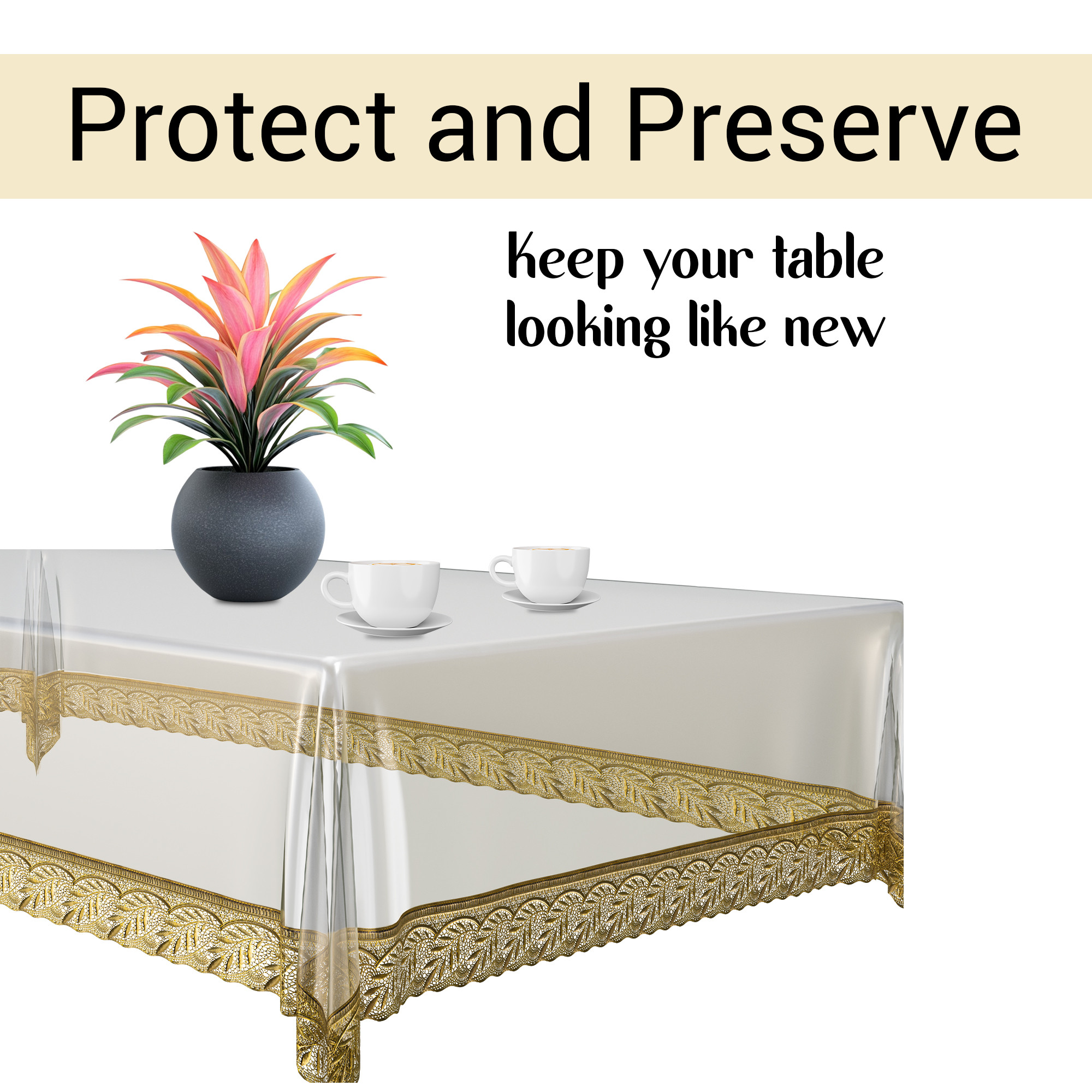 Kuber Industries 60x90 Inch PVC Dining Table Cover 6 Seater Waterproof  Spill-Resistant Table Cover Cloth  Table Protector for Dining Room Kitchen  Outdoor  Golden Lace Champagne- Transparent