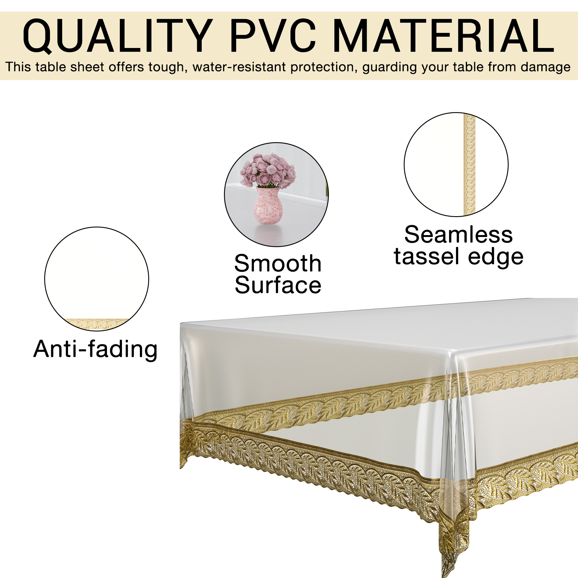 Kuber Industries 60x90 Inch PVC Dining Table Cover 6 Seater Waterproof  Spill-Resistant Table Cover Cloth  Table Protector for Dining Room Kitchen  Outdoor  Golden Lace Champagne- Transparent