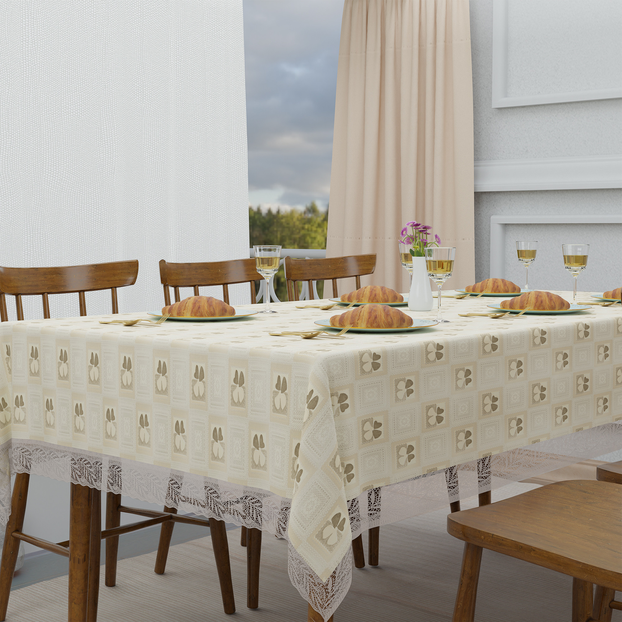 Kuber Industries 60x90 Inch PVC Dining Table Cover 6 Seater Waterproof  Spill-Resistant Table Cover Cloth  Table Protector for Dining Room Kitchen  Outdoor  Check Flower CBC - Cream  Brown