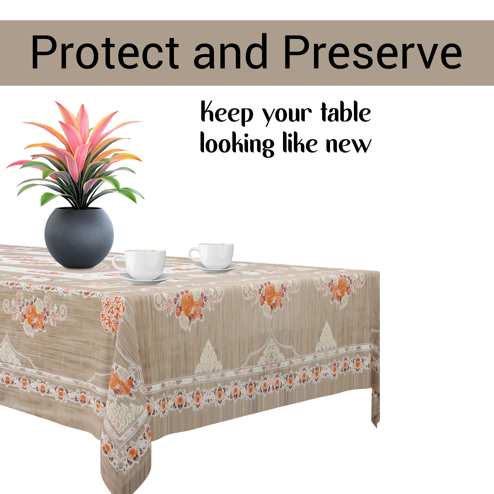 Kuber Industries 60x90 Inch PVC Dining Table Cover 6 Seater Waterproof  Spill-Resistant Table Cover Cloth  Table Protector for Dining Room Kitchen  Outdoor  Flower Pannel Design NWP - Brown
