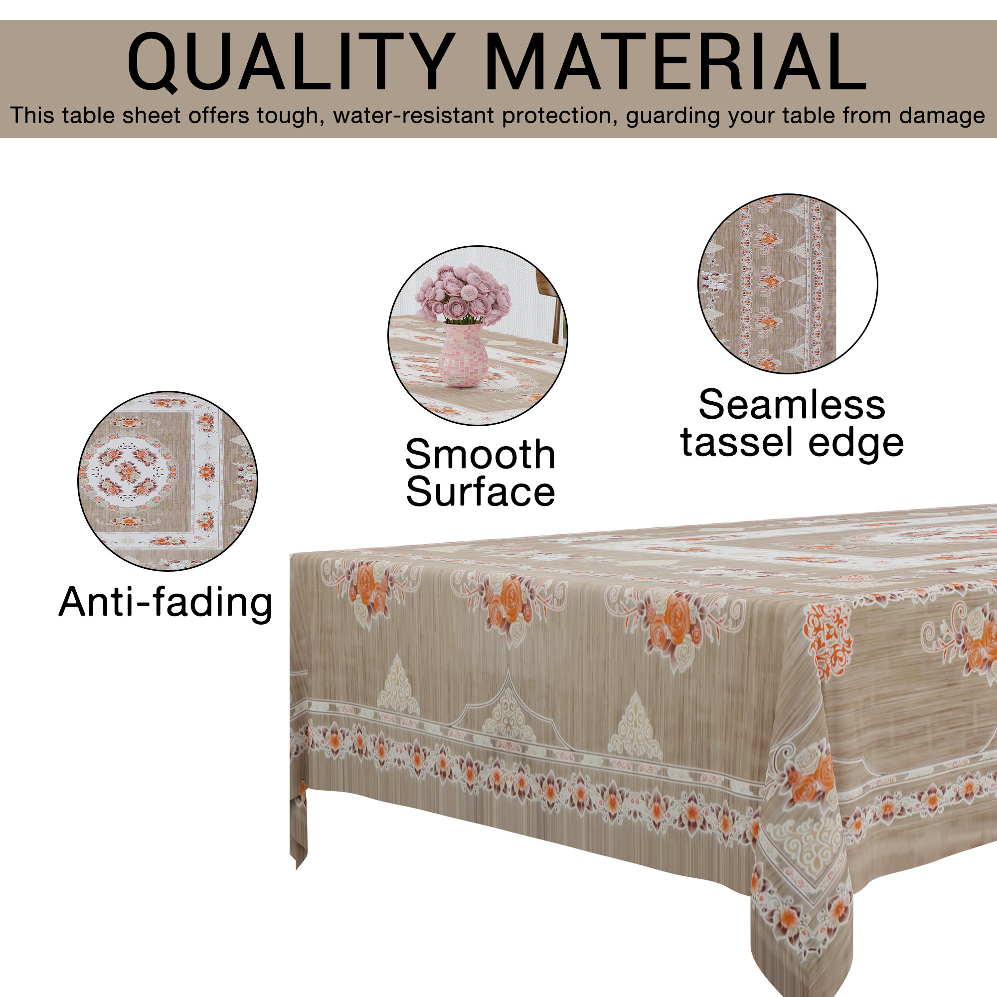 Kuber Industries 60x90 Inch PVC Dining Table Cover 6 Seater Waterproof  Spill-Resistant Table Cover Cloth  Table Protector for Dining Room Kitchen  Outdoor  Flower Pannel Design NWP - Brown