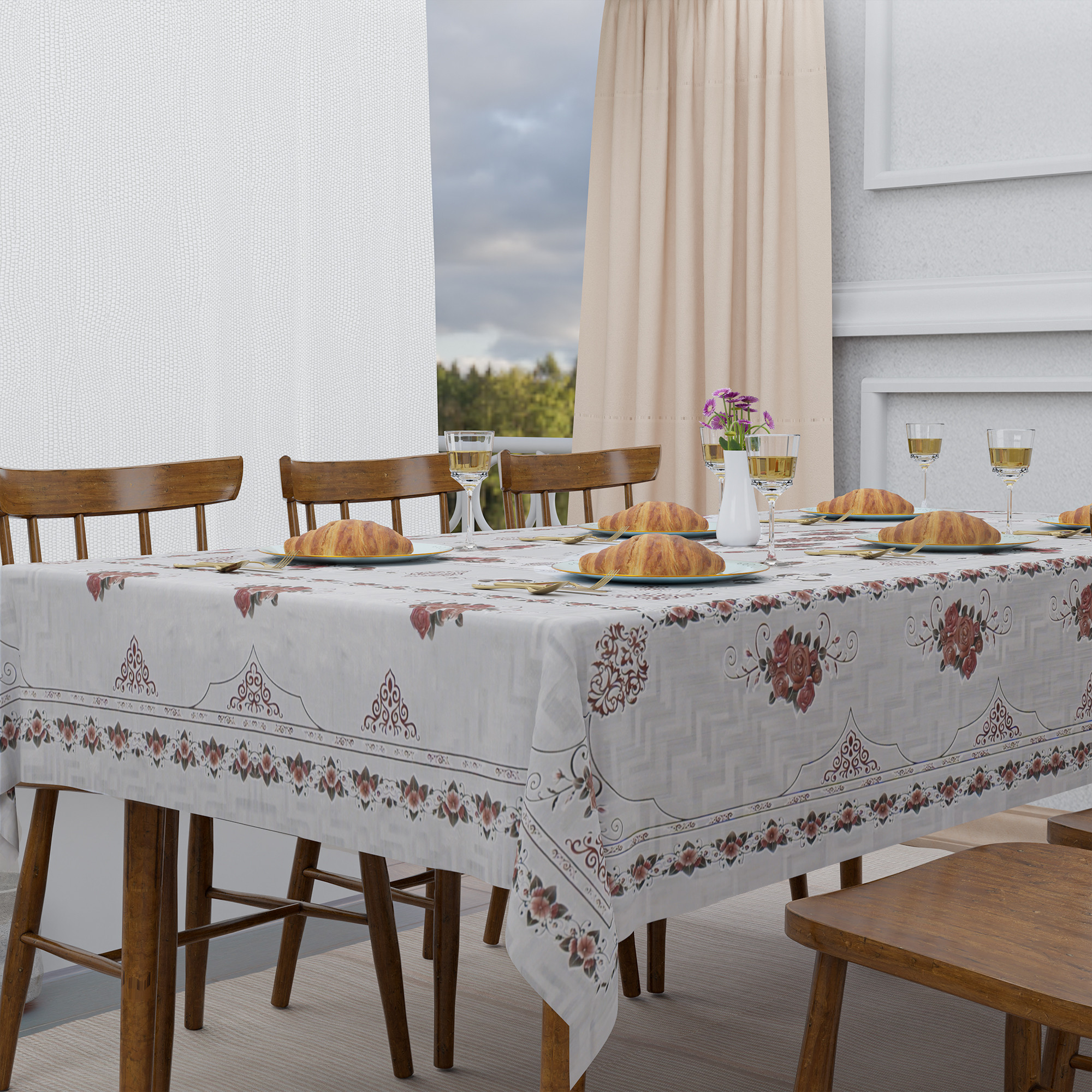 Kuber Industries 60x90 Inch PVC Dining Table Cover 6 Seater Waterproof  Spill-Resistant Table Cover Cloth  Table Protector for Dining Room Kitchen  Outdoor  Flower Pannel Design NWP - Silver