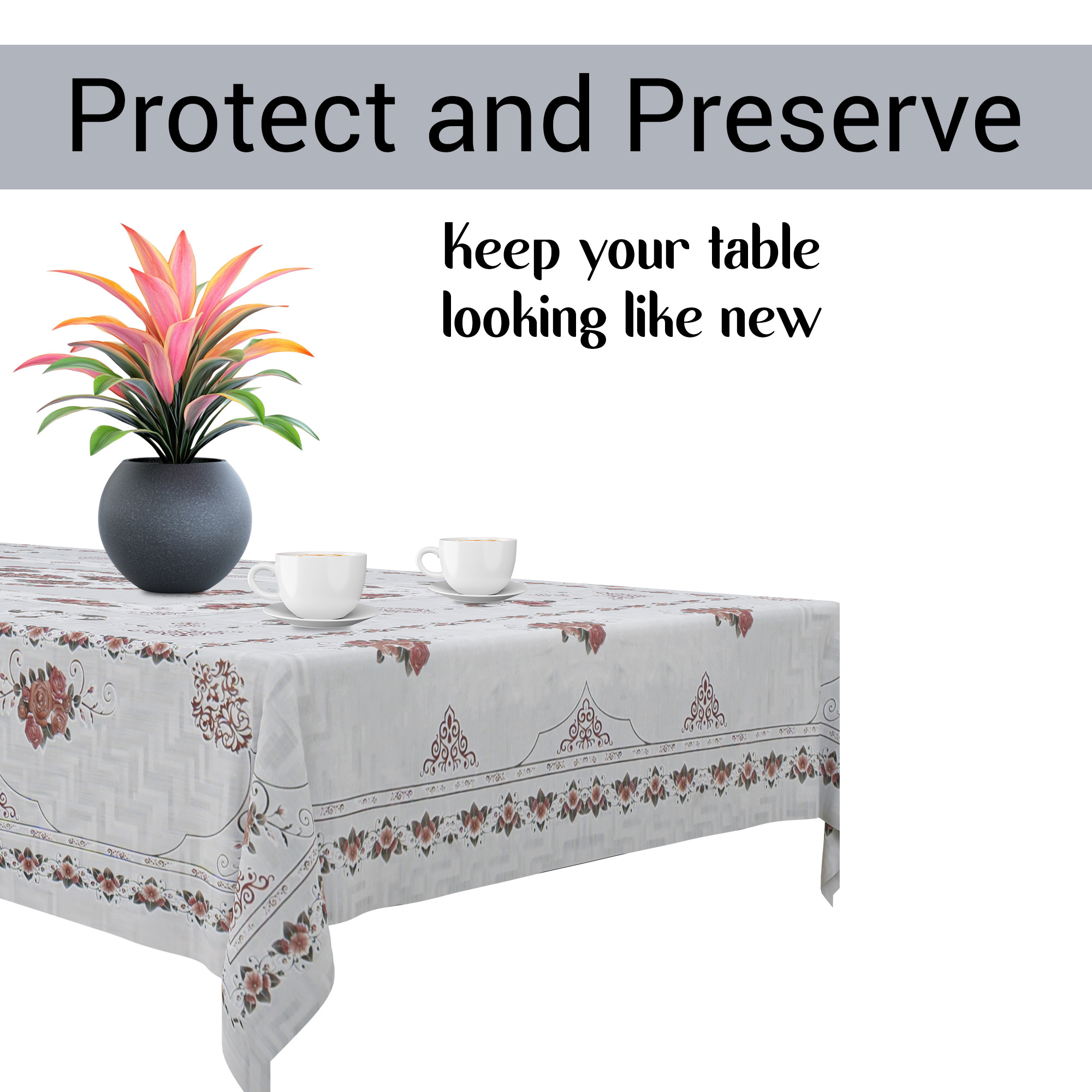 Kuber Industries 60x90 Inch PVC Dining Table Cover 6 Seater Waterproof  Spill-Resistant Table Cover Cloth  Table Protector for Dining Room Kitchen  Outdoor  Flower Pannel Design NWP - Silver