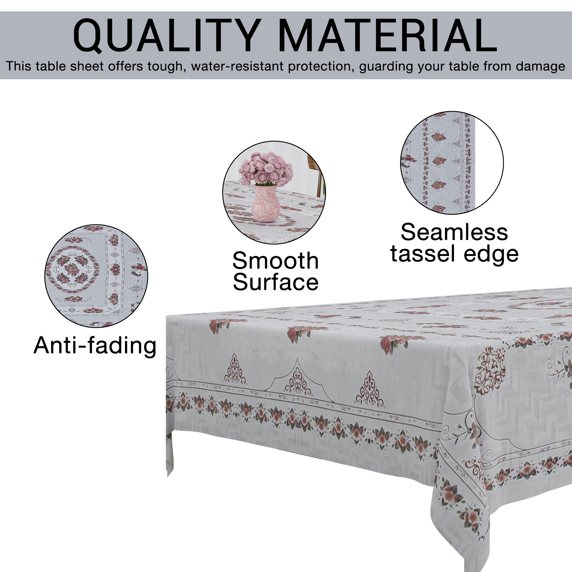 Kuber Industries 60x90 Inch PVC Dining Table Cover 6 Seater Waterproof  Spill-Resistant Table Cover Cloth  Table Protector for Dining Room Kitchen  Outdoor  Flower Pannel Design NWP - Silver