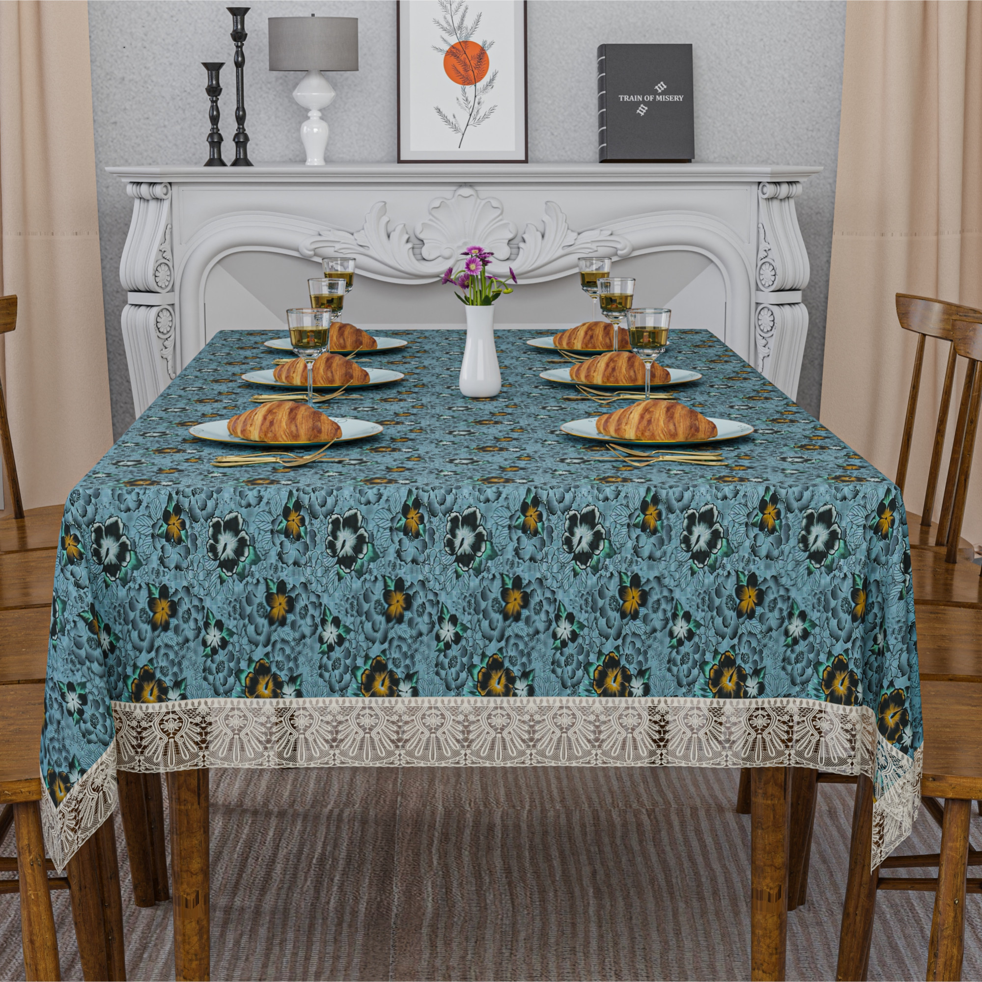 Kuber Industries 60x90 Inch PVC Dining Table Cover 6 Seater Waterproof for Living Room  Table Top Cover  Protector Sheet for Dining Area  Flower - Grey  Black