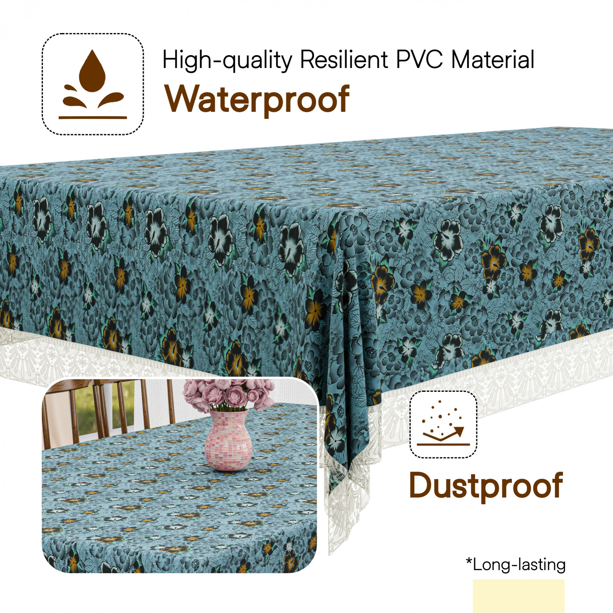 Kuber Industries 60x90 Inch PVC Dining Table Cover 6 Seater Waterproof for Living Room  Table Top Cover  Protector Sheet for Dining Area  Flower - Grey  Black