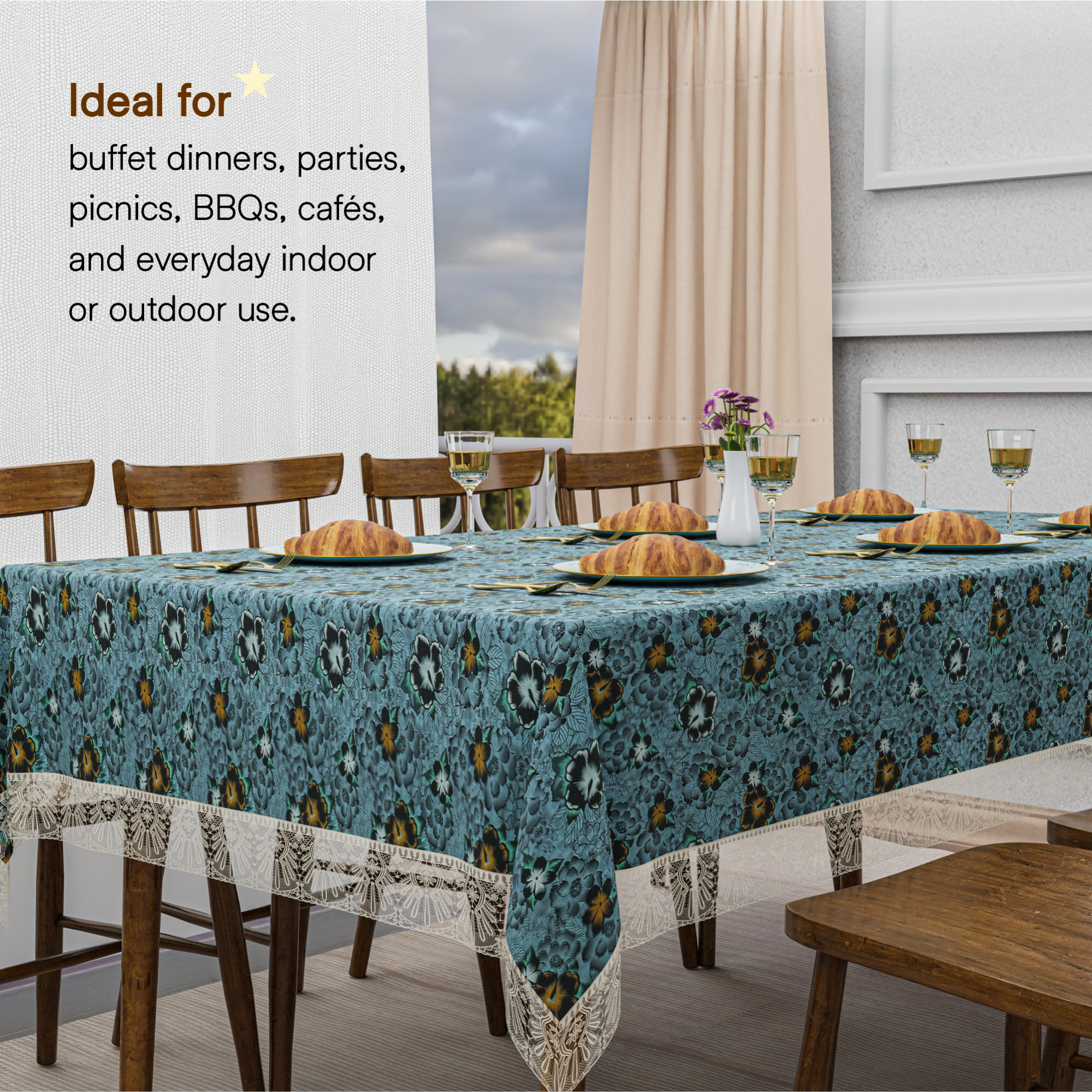 Kuber Industries 60x90 Inch PVC Dining Table Cover 6 Seater Waterproof for Living Room  Table Top Cover  Protector Sheet for Dining Area  Flower - Grey  Black