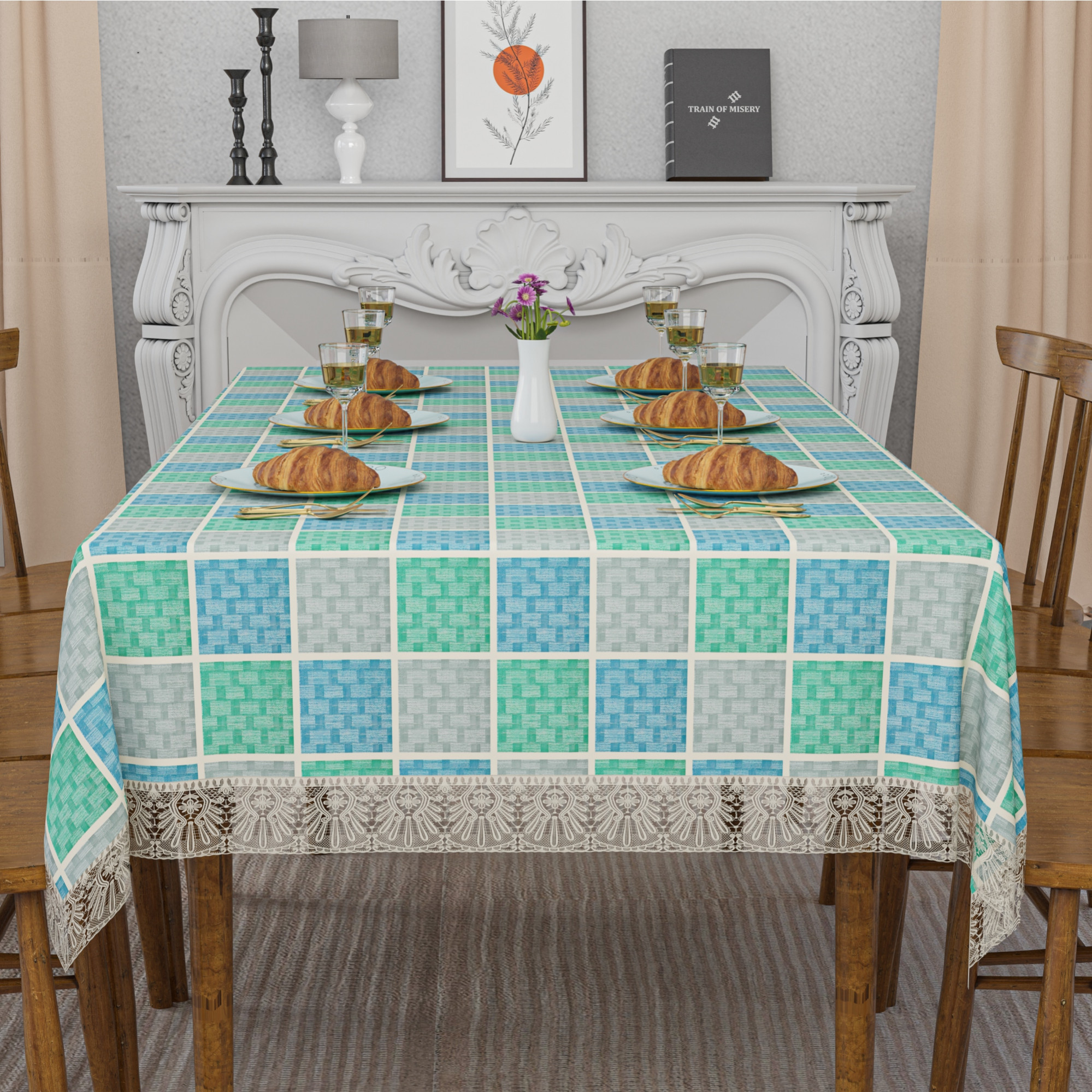 Kuber Industries 60x90 Inch PVC Dining Table Cover 6 Seater Waterproof for Living Room  Table Top Cover  Protector Sheet for Dining Area  Check - Grey  Blue