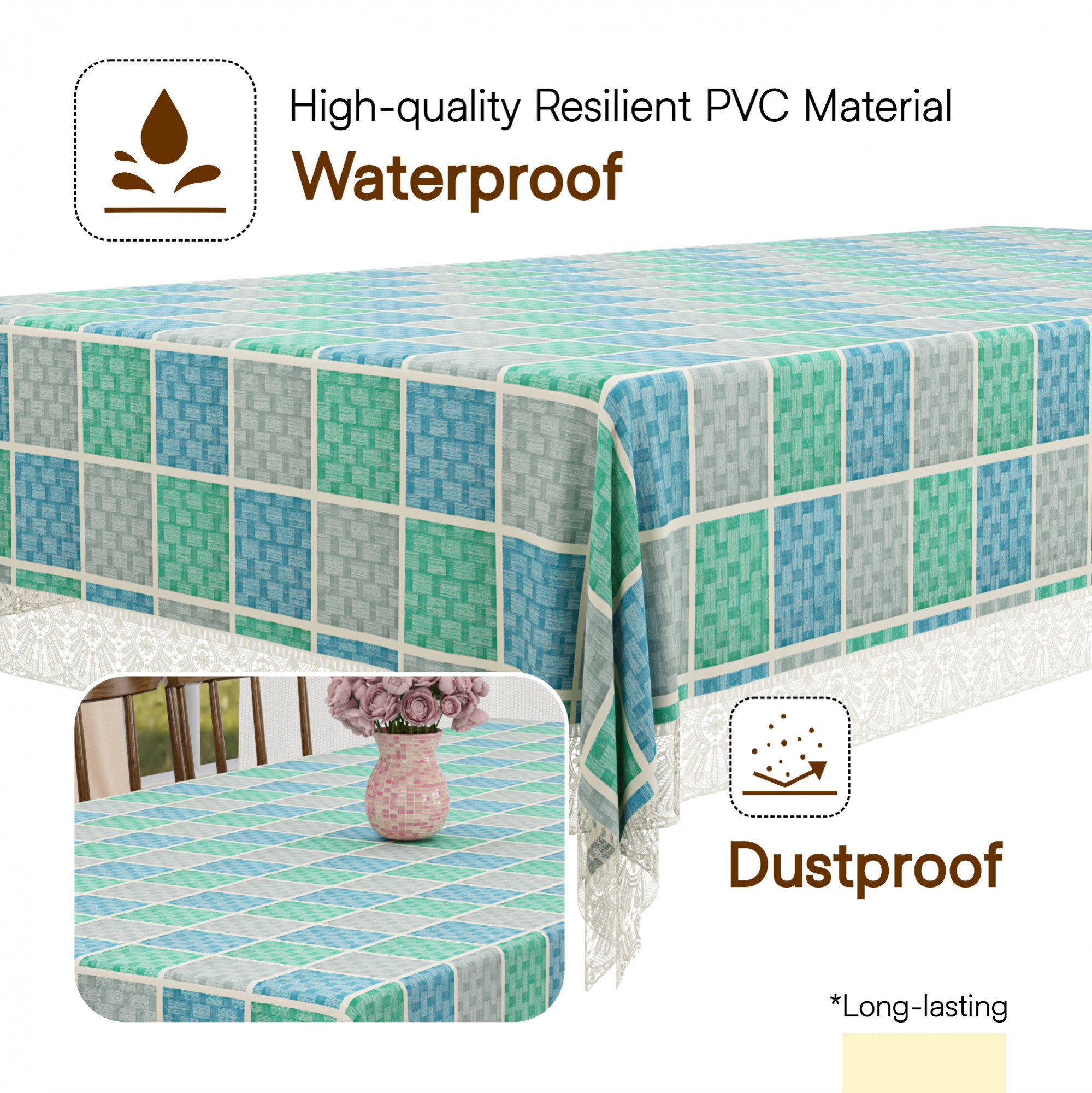 Kuber Industries 60x90 Inch PVC Dining Table Cover 6 Seater Waterproof for Living Room  Table Top Cover  Protector Sheet for Dining Area  Check - Grey  Blue