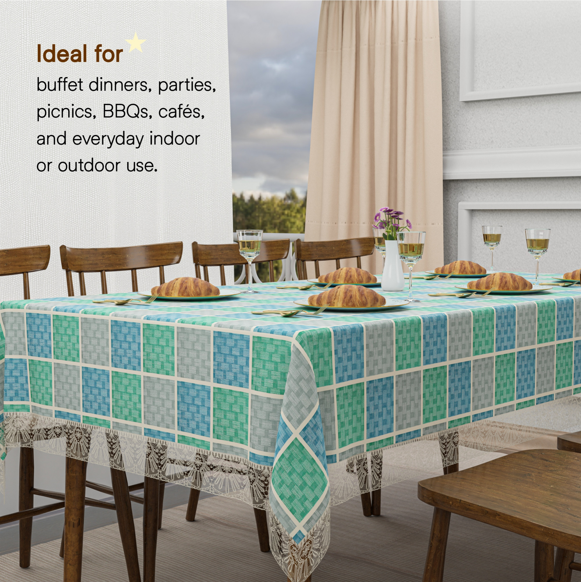 Kuber Industries 60x90 Inch PVC Dining Table Cover 6 Seater Waterproof for Living Room  Table Top Cover  Protector Sheet for Dining Area  Check - Grey  Blue