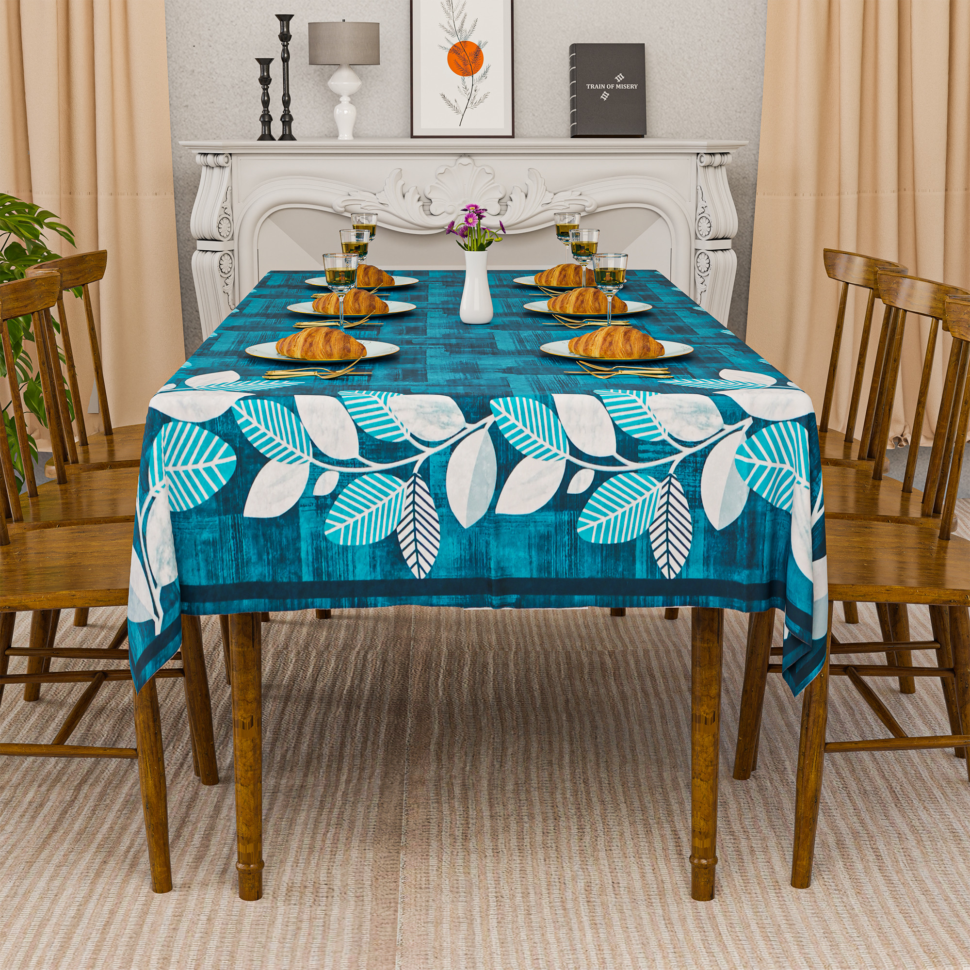 Kuber Industries 60x90 Inch Soft Velvet Dining Table Cover 6 Seater  Rectangular Table Cloth for Dining Area for Home Decor Office and Restaurants  Leaf Side Border - Blue  White