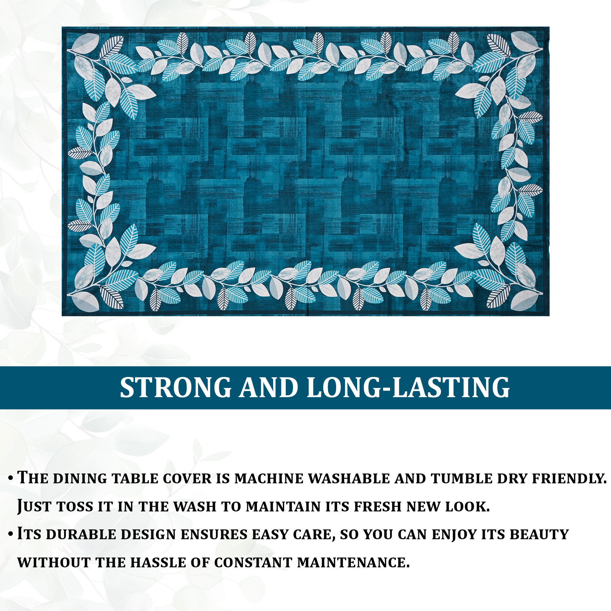 Kuber Industries 60x90 Inch Soft Velvet Dining Table Cover 6 Seater  Rectangular Table Cloth for Dining Area for Home Decor Office and Restaurants  Leaf Side Border - Blue  White