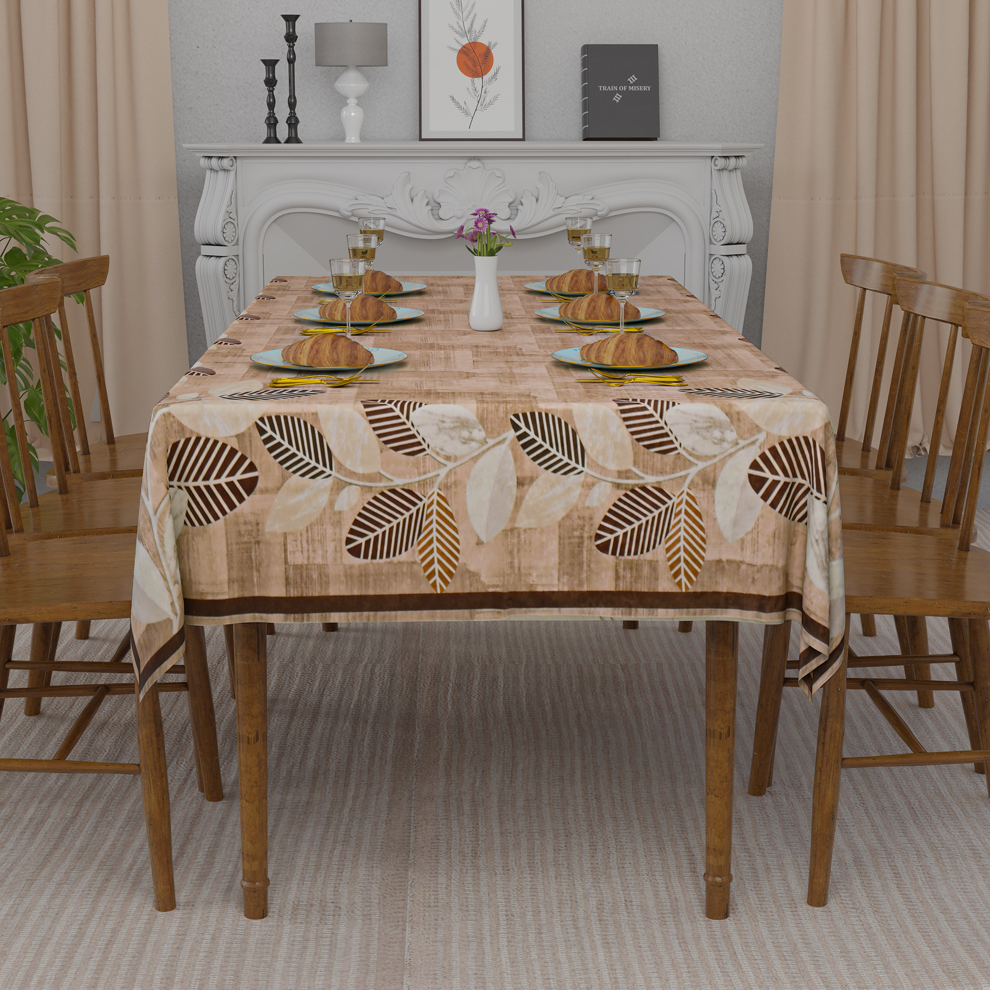 Kuber Industries 60x90 Inch Soft Velvet Dining Table Cover 6 Seater  Rectangular Table Cloth for Dining Area for Home Decor Office and Restaurants  Leaf Side Border - Brown  White