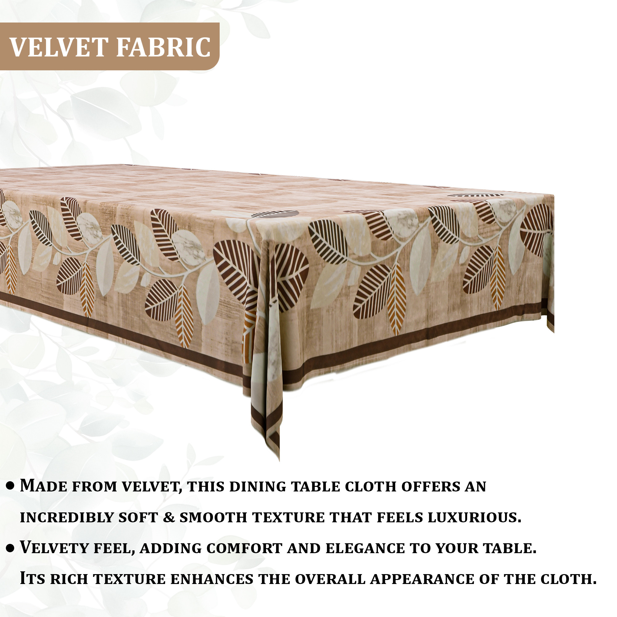 Kuber Industries 60x90 Inch Soft Velvet Dining Table Cover 6 Seater  Rectangular Table Cloth for Dining Area for Home Decor Office and Restaurants  Leaf Side Border - Brown  White