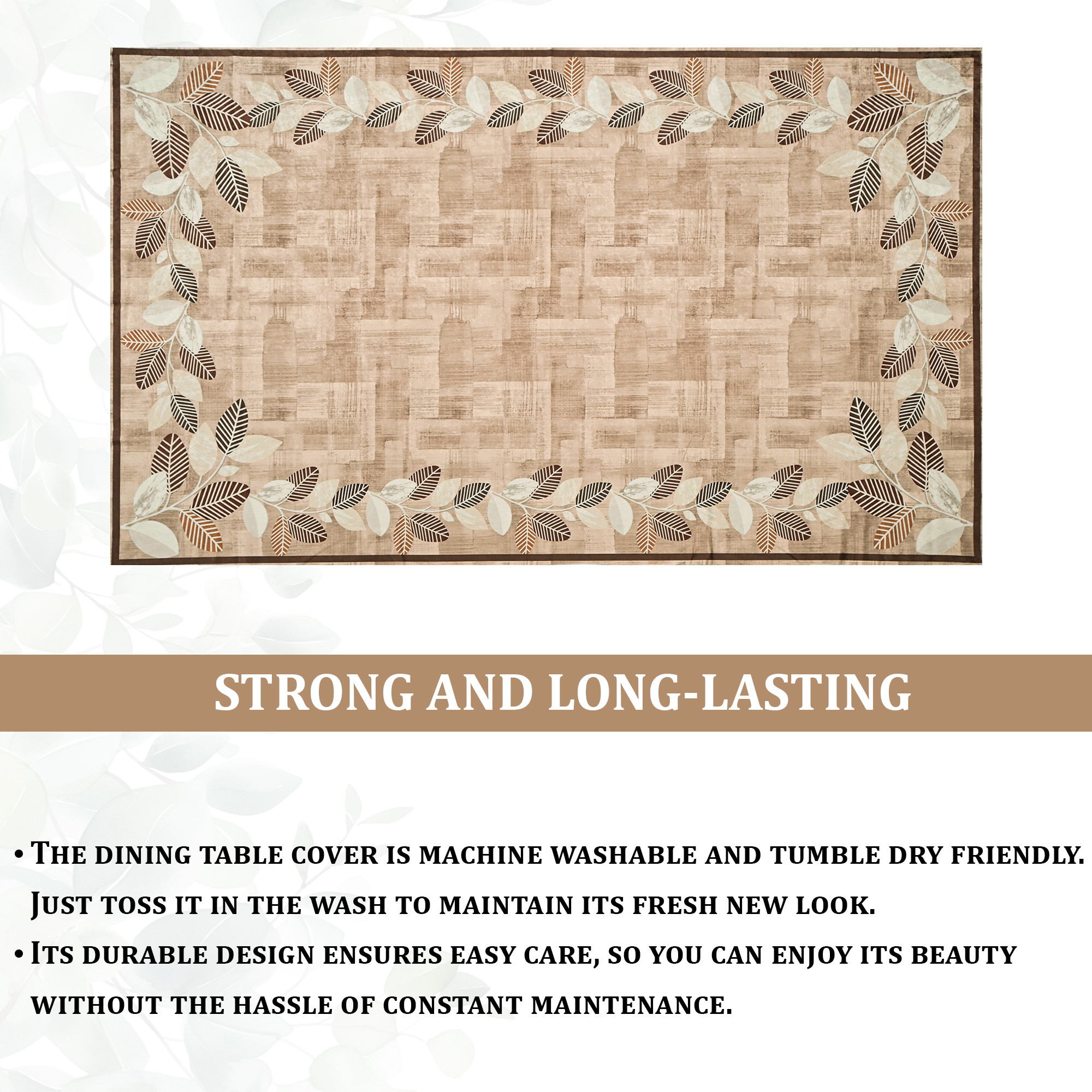 Kuber Industries 60x90 Inch Soft Velvet Dining Table Cover 6 Seater  Rectangular Table Cloth for Dining Area for Home Decor Office and Restaurants  Leaf Side Border - Brown  White