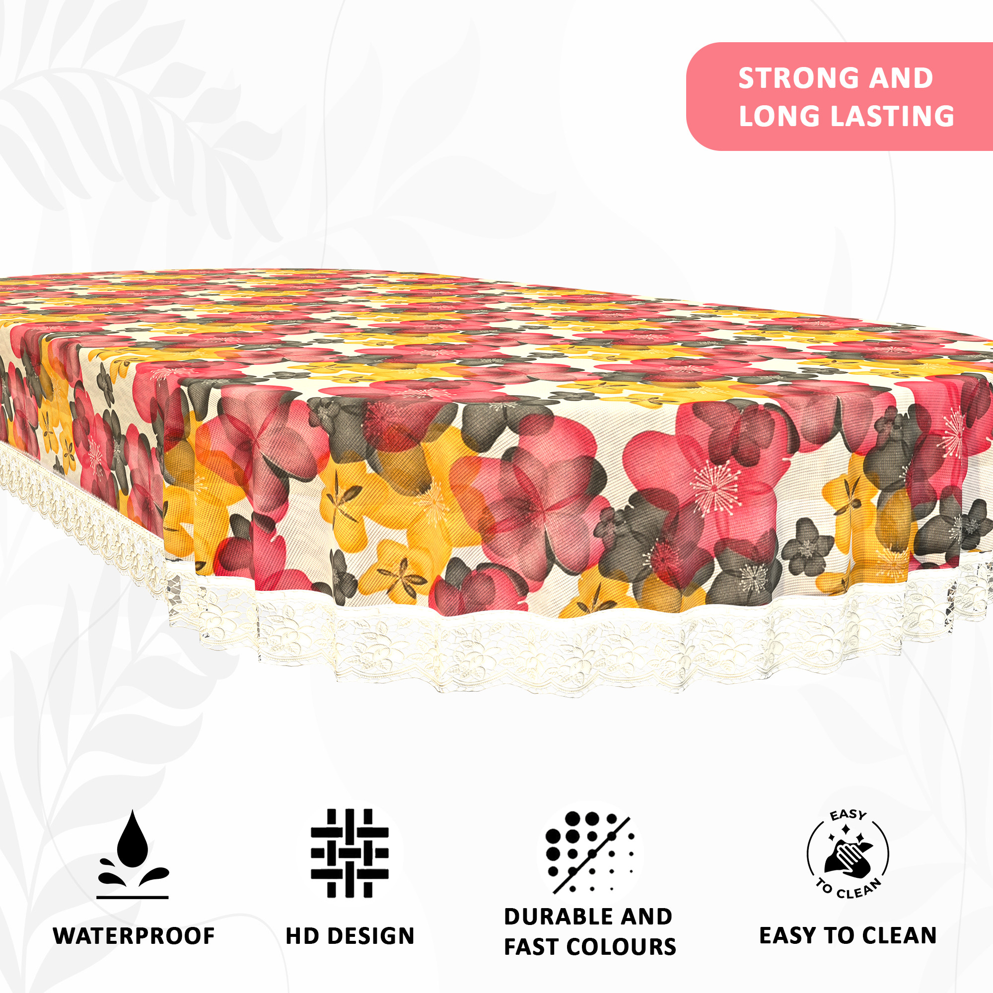 Kuber Industries 60x90 Inches Oval Waterproof 6 Seater Dining Table Cover with Wavy Border  Durable  Easy to Clean Table Protector Cover for Home  Office  Multi Floral - White Red