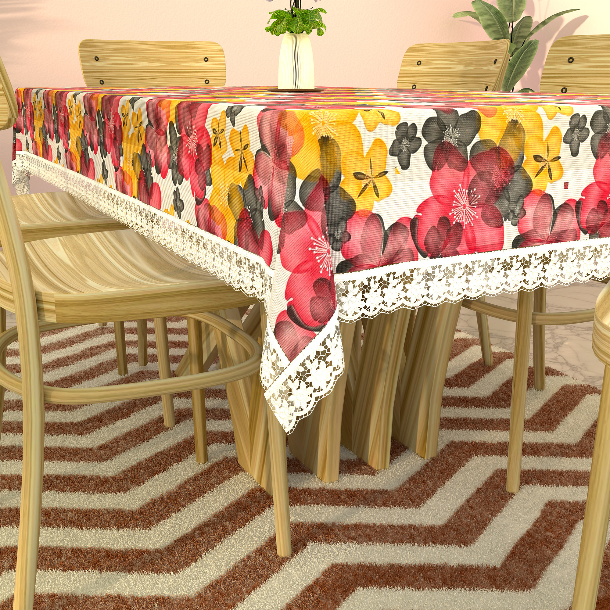 Kuber Industries 60x90 Inches Retangular Waterproof 6 Seater Dining Table Cover with Wavy Border  Durable  Easy to Clean Table Protector Cover for Home  Office  Multi Floral - White Red