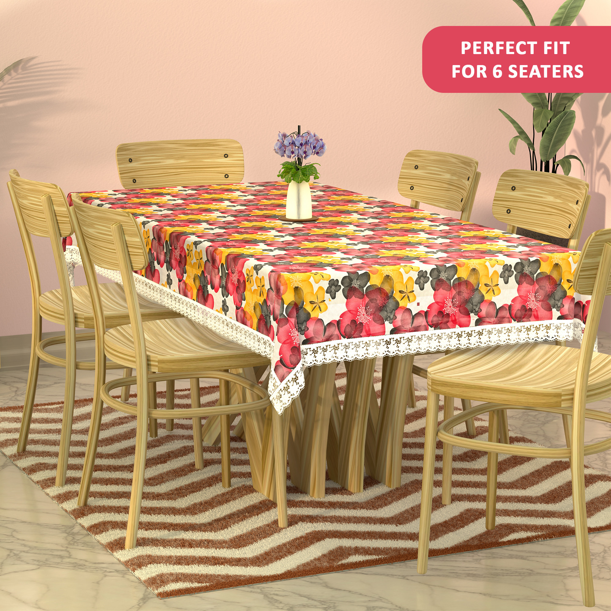 Kuber Industries 60x90 Inches Retangular Waterproof 6 Seater Dining Table Cover with Wavy Border  Durable  Easy to Clean Table Protector Cover for Home  Office  Multi Floral - White Red
