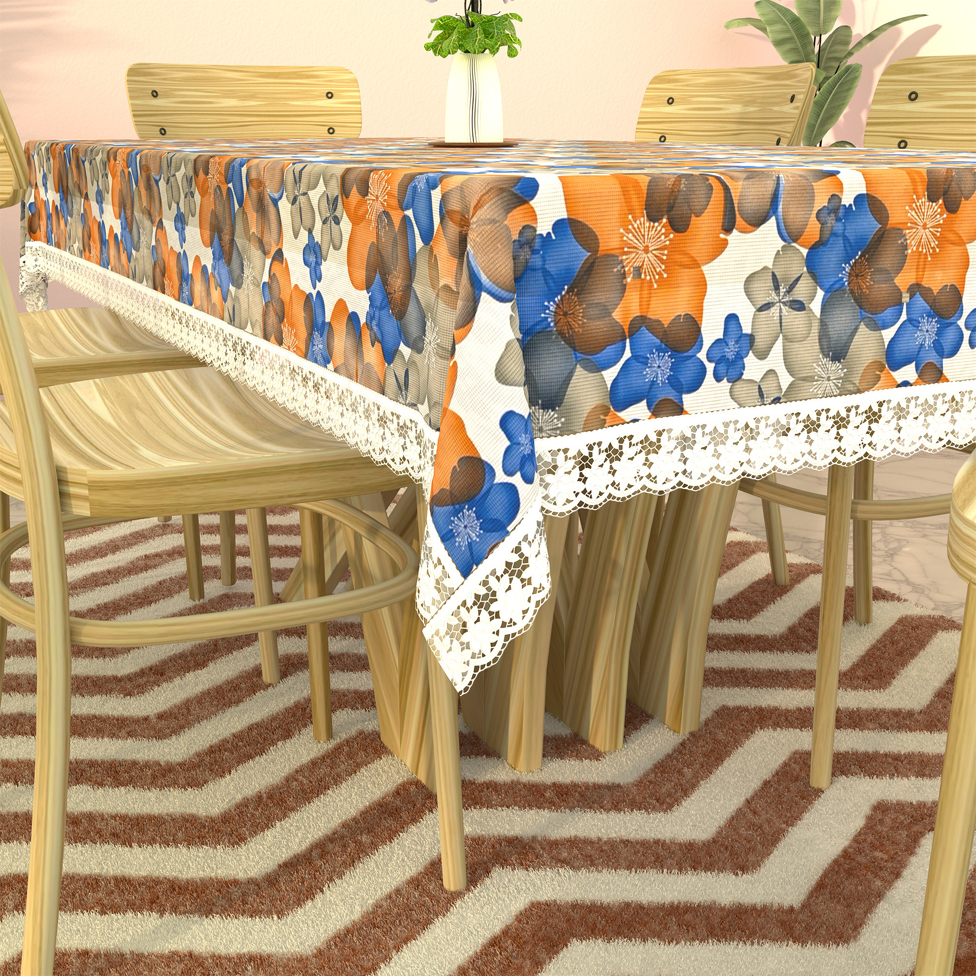 Kuber Industries 60x90 Inches Retangular Waterproof 6 Seater Dining Table Cover with Wavy Border  Durable  Easy to Clean Table Protector Cover for Home  Office  Multi Floral - White Blue