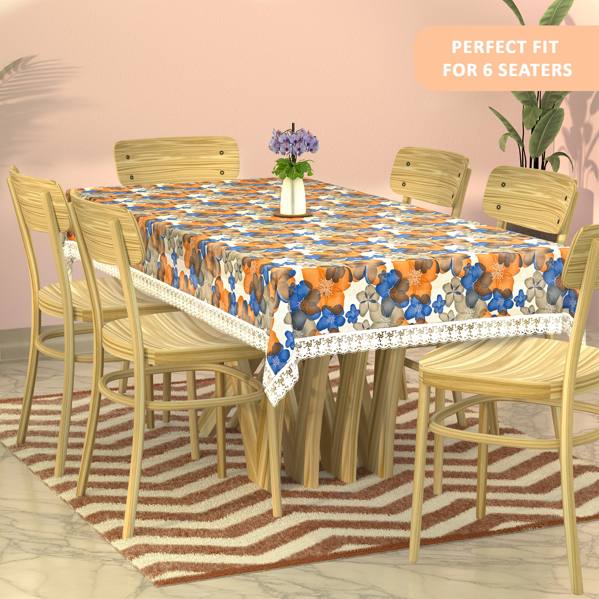 Kuber Industries 60x90 Inches Retangular Waterproof 6 Seater Dining Table Cover with Wavy Border  Durable  Easy to Clean Table Protector Cover for Home  Office  Multi Floral - White Blue