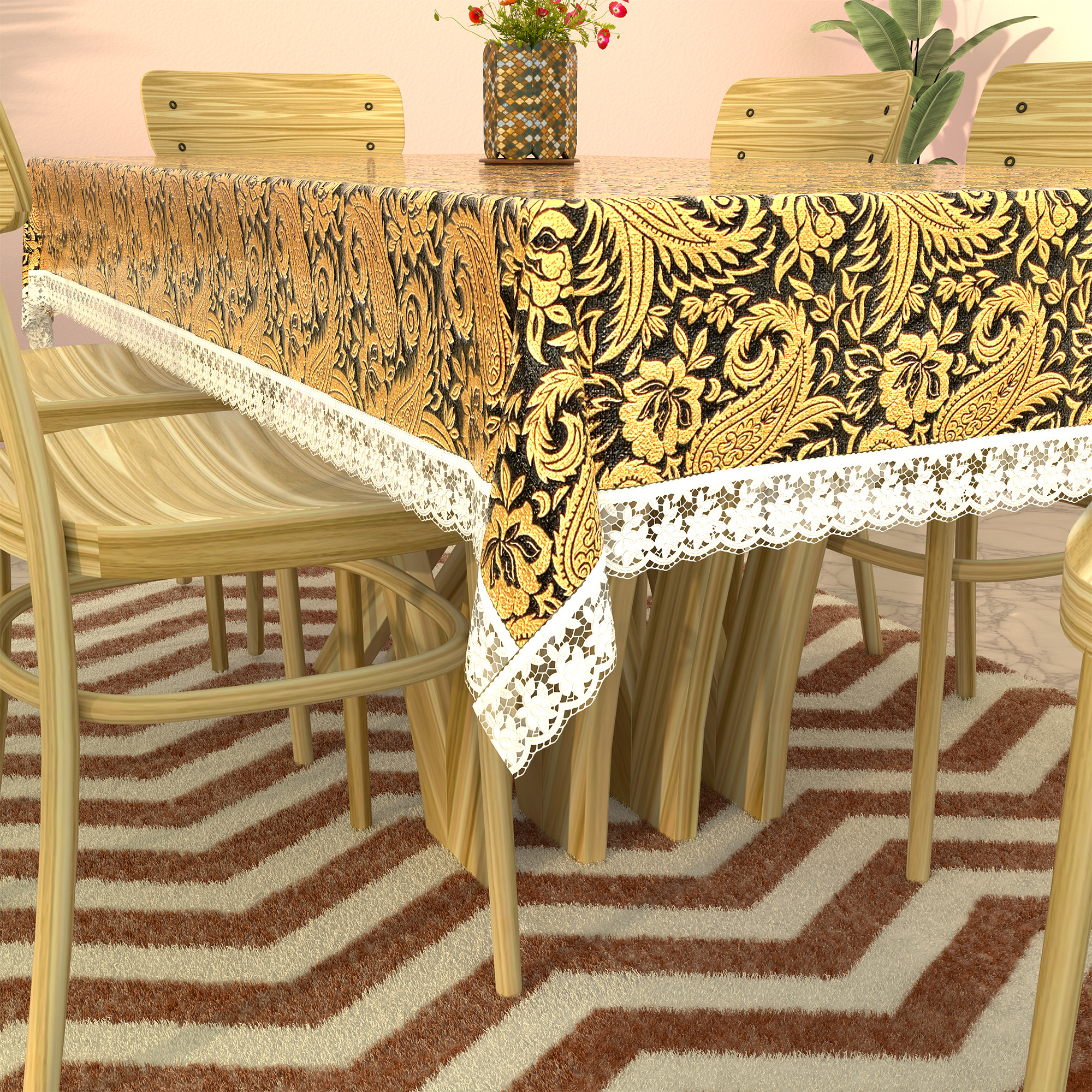 Kuber Industries 60x90 Inches Retangular Waterproof 6 Seater Dining Table Cover with Wavy Border  Easy to Clean Table Protector Cover for Home  Office  Multi Floral - Black Golden