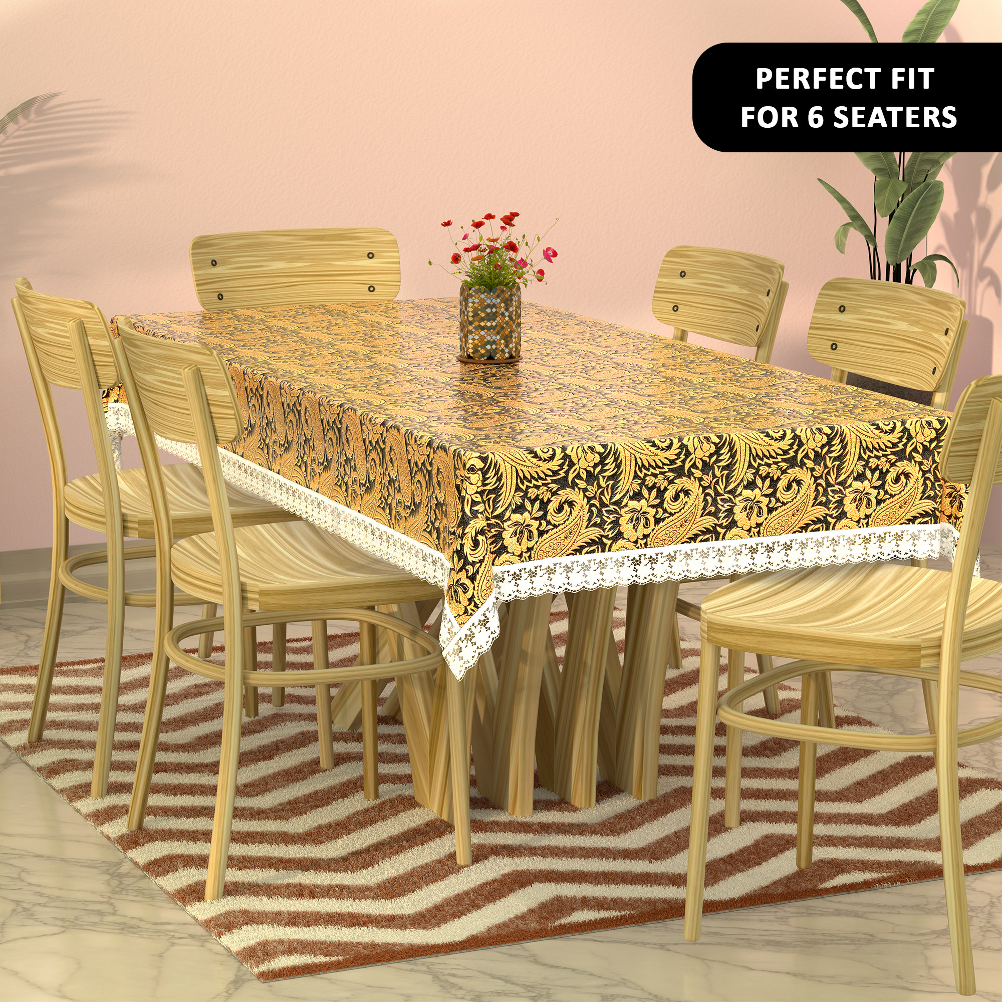 Kuber Industries 60x90 Inches Retangular Waterproof 6 Seater Dining Table Cover with Wavy Border  Easy to Clean Table Protector Cover for Home  Office  Multi Floral - Black Golden