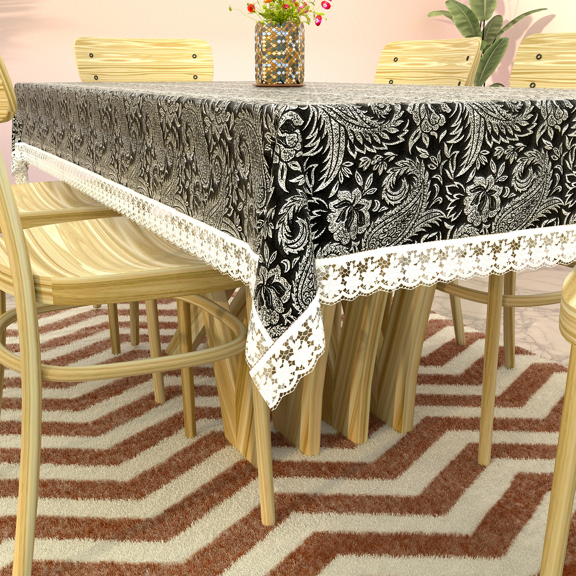 Kuber Industries 60x90 Inches Retangular Waterproof 6 Seater Dining Table Cover with Wavy Border  Easy to Clean Table Protector Cover for Home  Office  Multi Floral - Black Silver